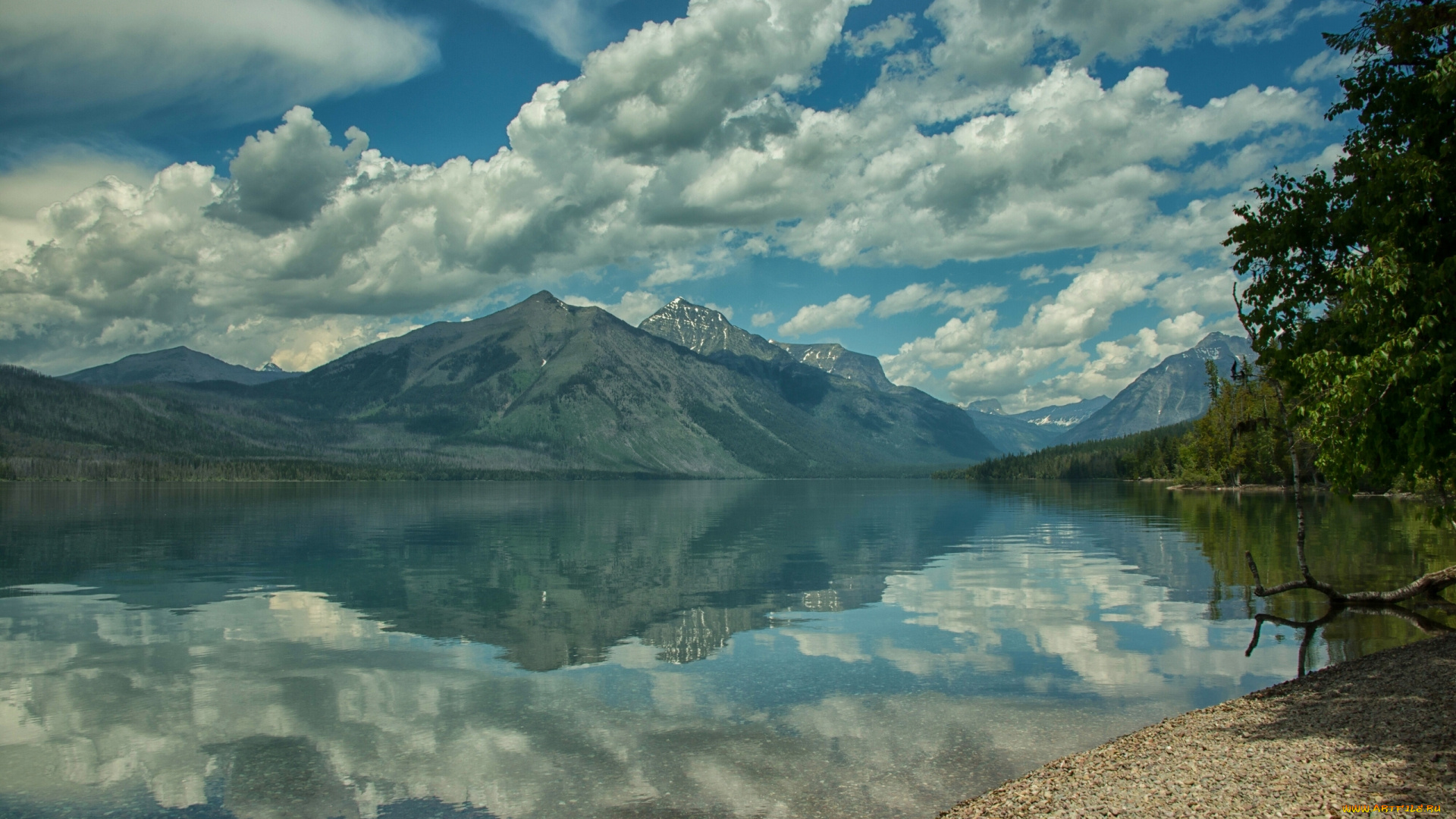 природа, реки, озера, lake, mcdonald, glacier, national, park, montana, rocky, mountains, озеро, макдональд, национальный, парк, глейшер, монтана, скалистые, горы, отражение, облака, берег