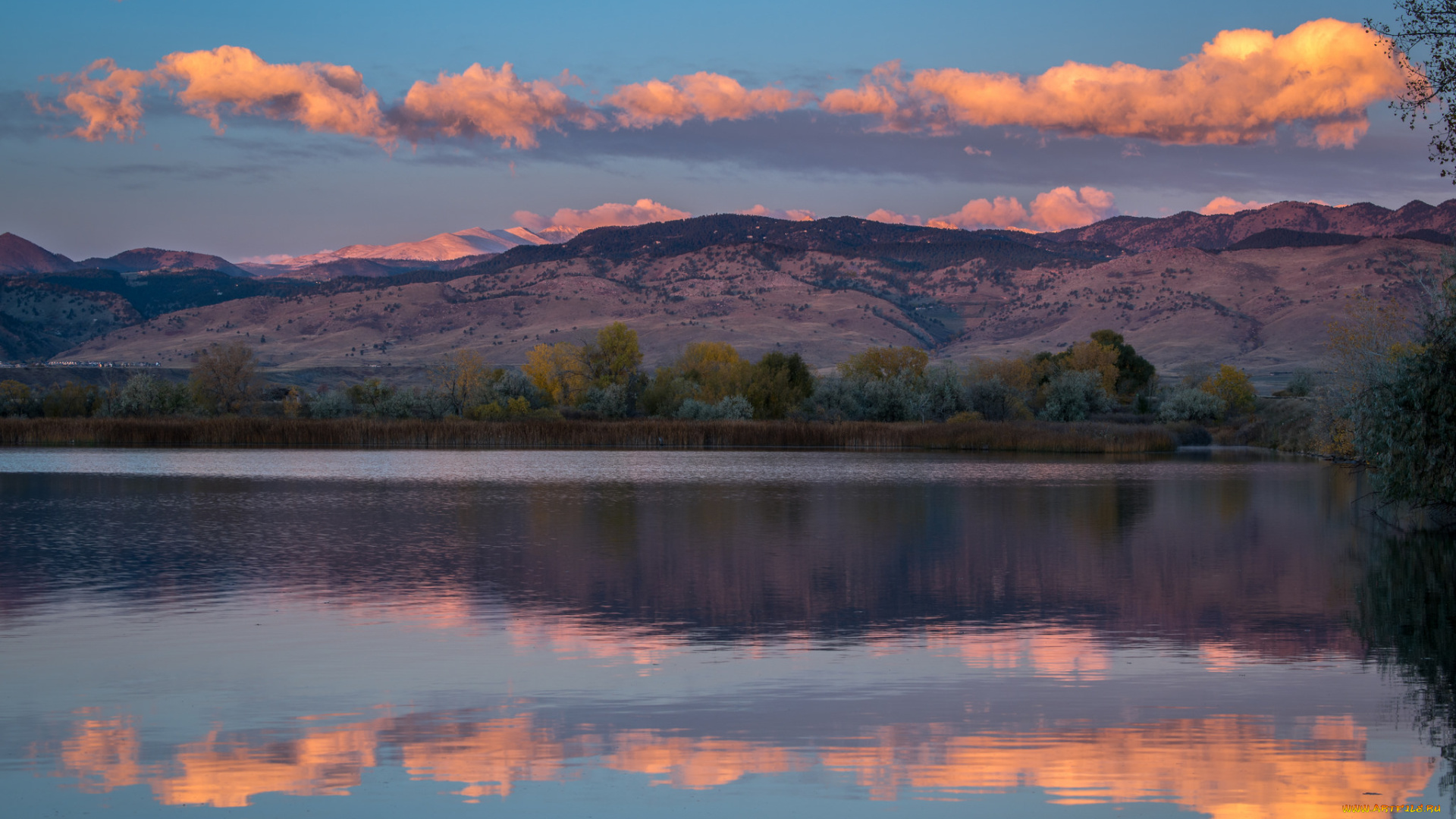 природа, реки, озера, отражение, облака, закат, горы