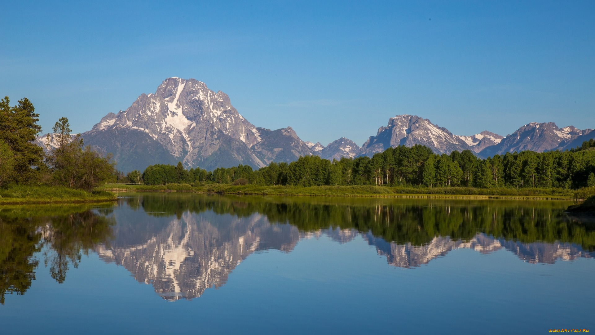 природа, реки, озера, снейк-ривер, rocky, mountains, wyoming, горы, лес, grand, teton, national, park, snake, river, mount, moran, вершины, река, скалистые, вайоминг, национальный, парк, гранд-титон, гора, моран, отражение