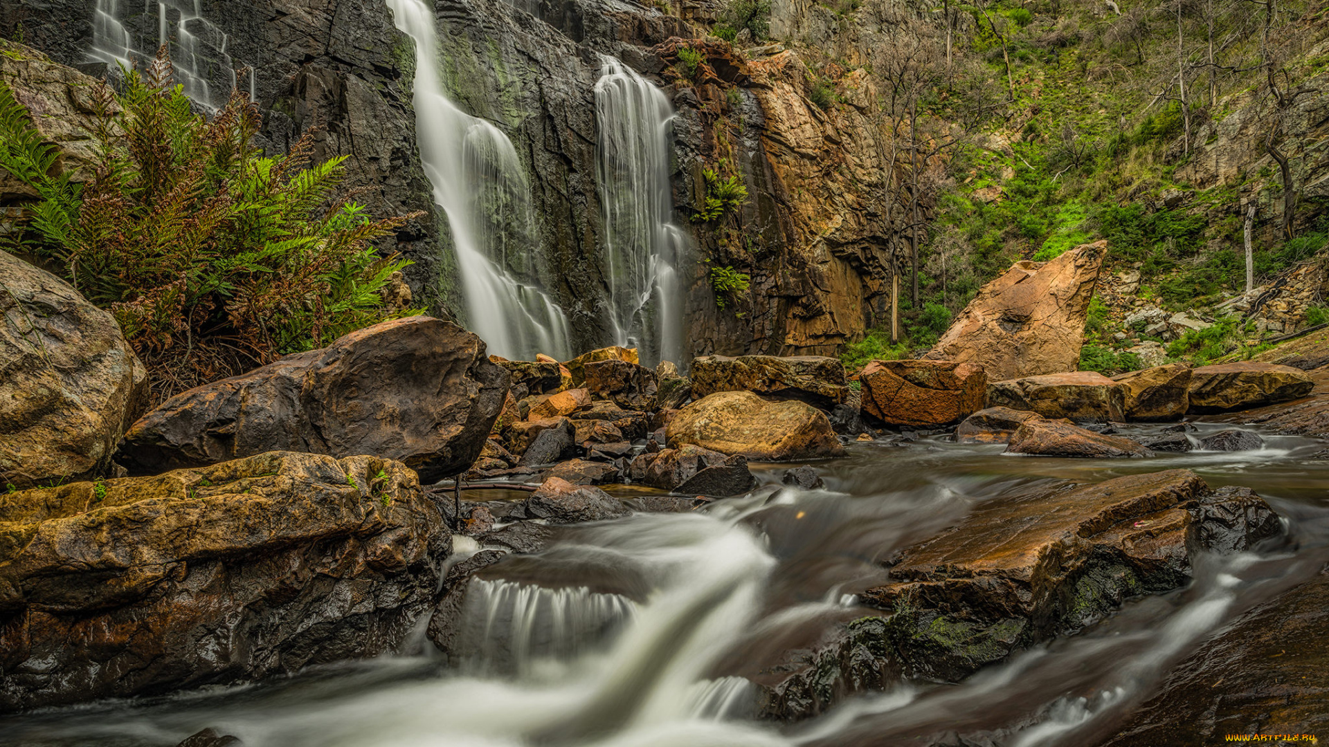 природа, водопады, лес, река, водопад