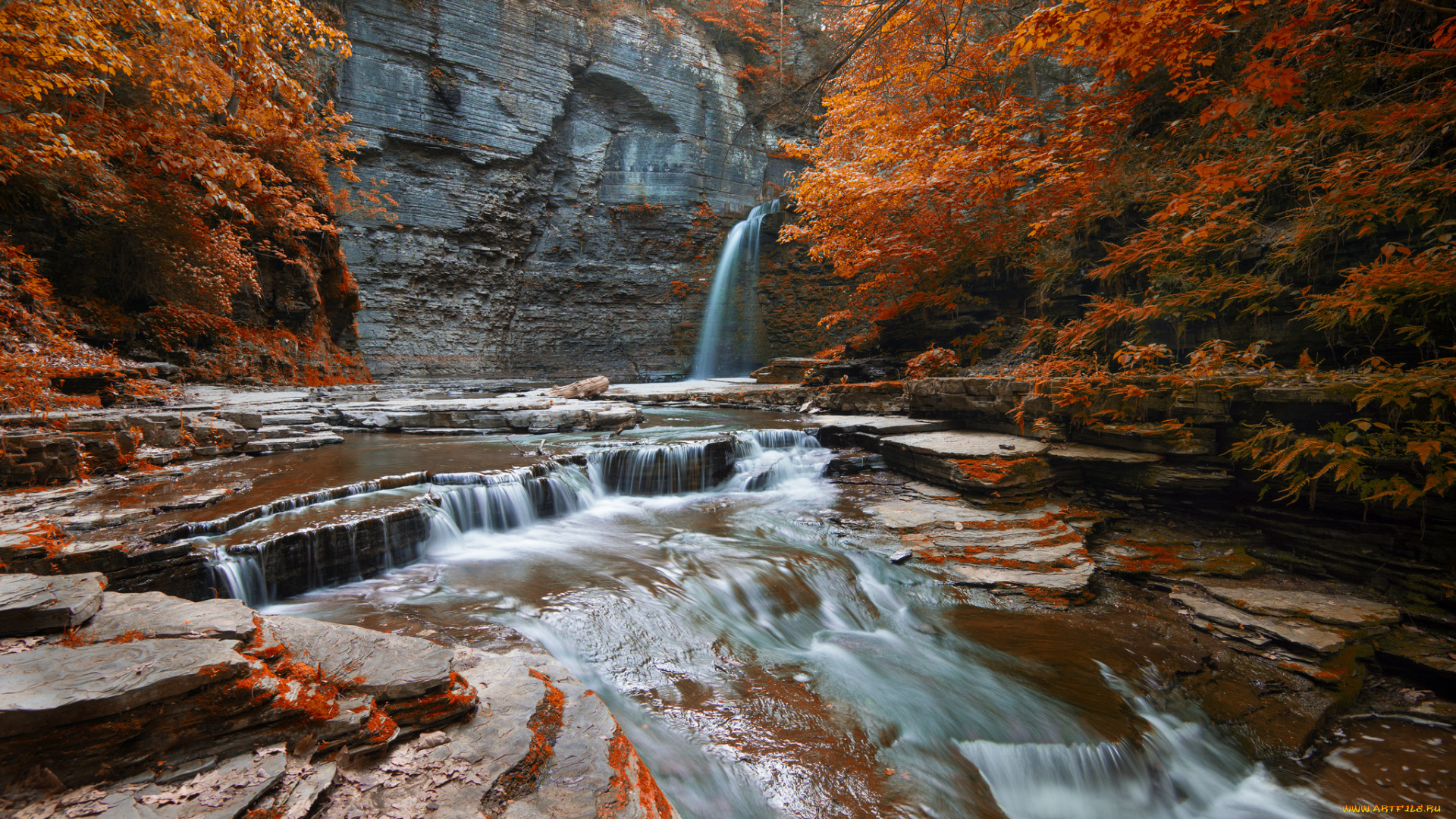природа, водопады, скала, осень, деревья, лес, река