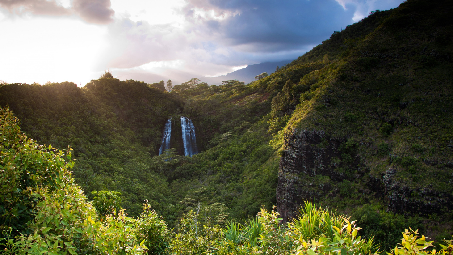 природа, водопады, скалы, горы, водопад, лес, гавайи, opaekaa, falls, тучи, зелень
