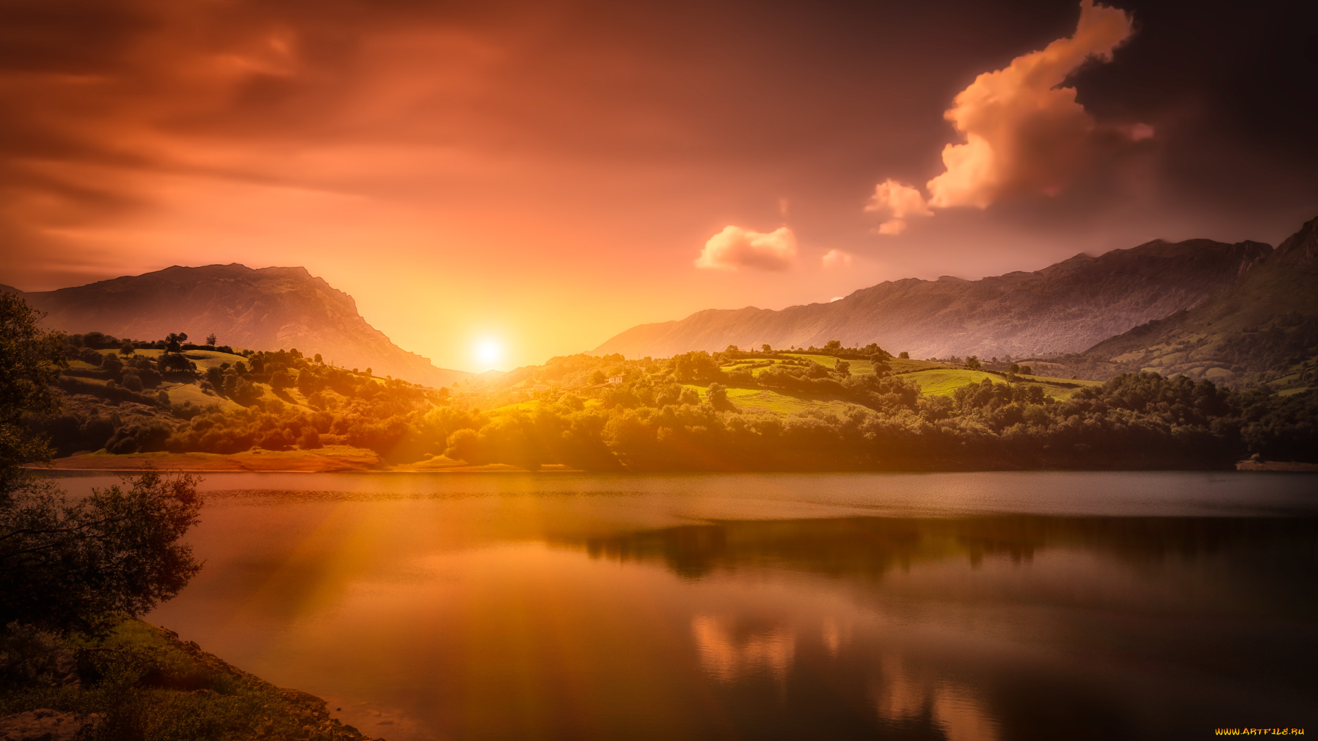 природа, восходы, закаты, астурия, spain, asturias, alfilorios, reservoir, горы, закат, водохранилище, испания