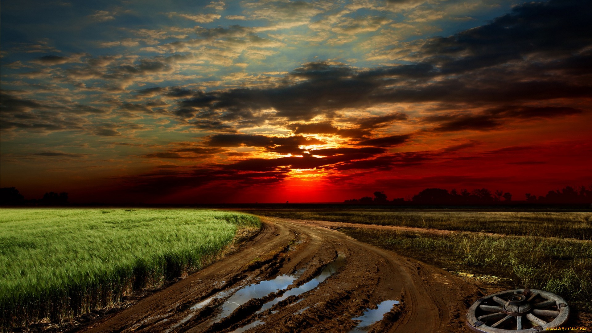 природа, восходы, закаты, грязь, landscape, дорога, трава, sky, закат, небо, sunset, nature, поле