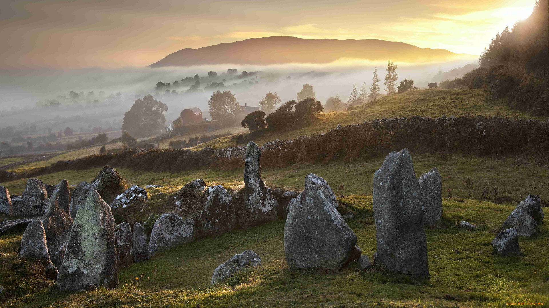 природа, восходы, закаты, камни, трава, долина, гора, туман, закат