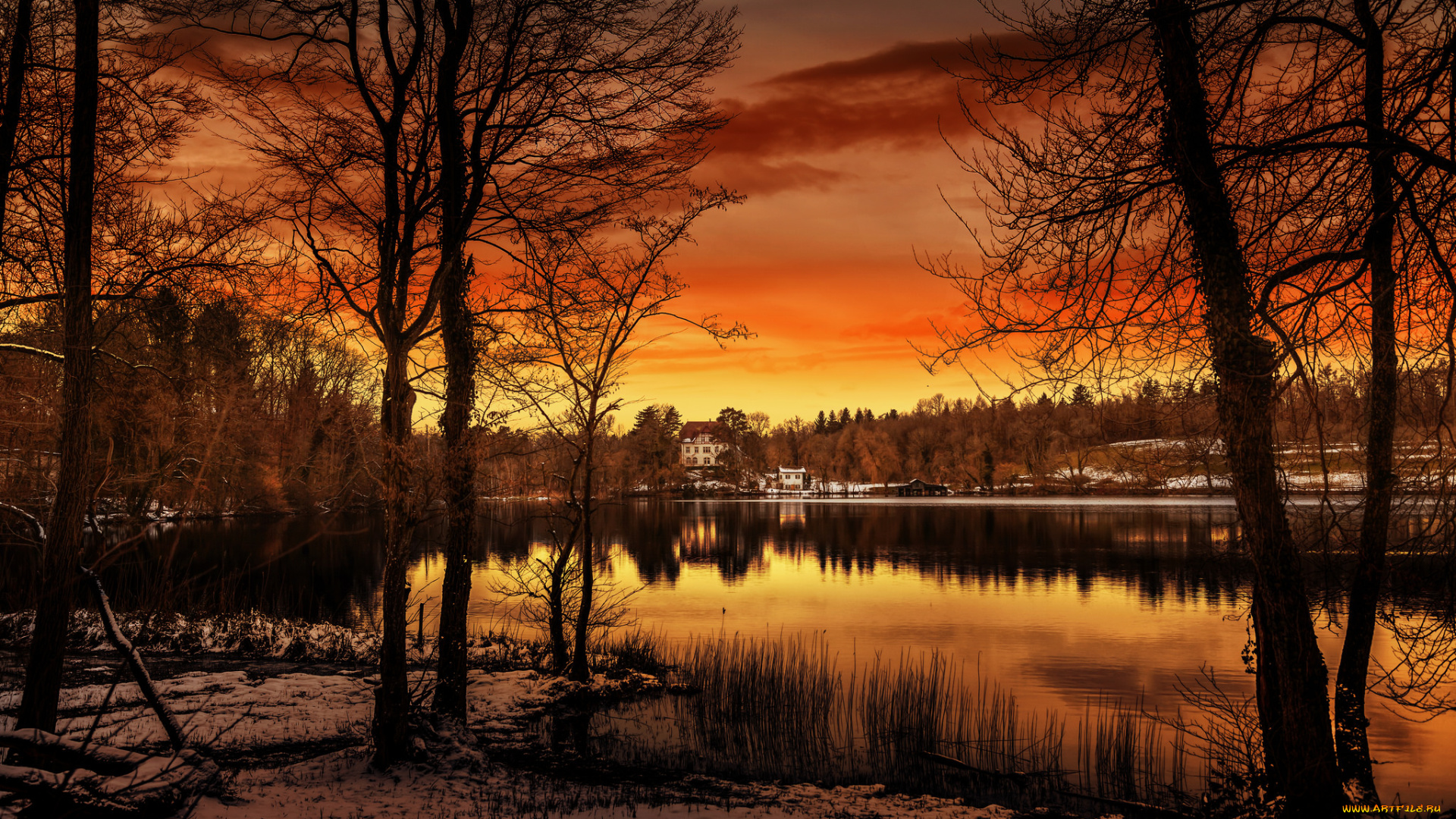 природа, восходы, закаты, облака, небо, пейзаж, озеро, закат, деревья