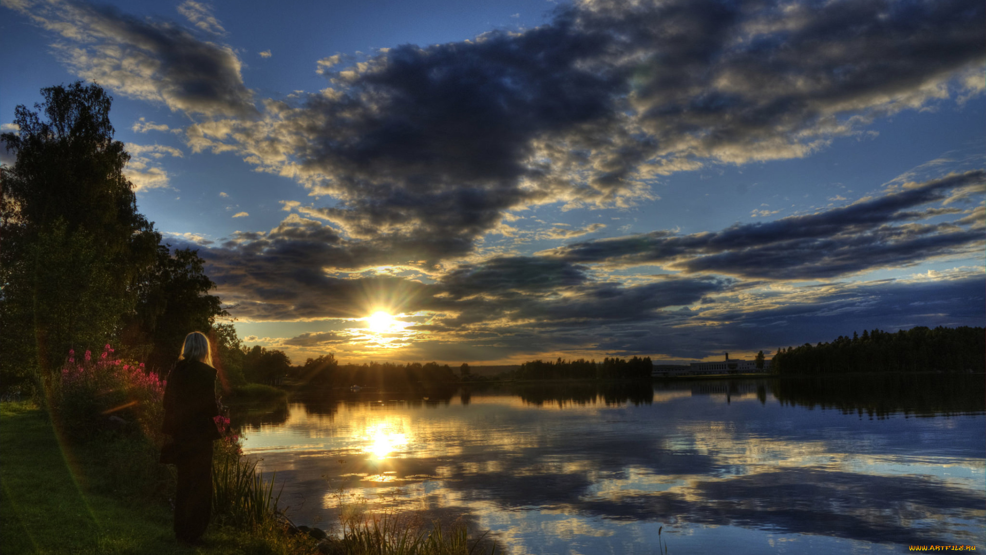 природа, восходы, закаты, озеро, закат, небо, облака