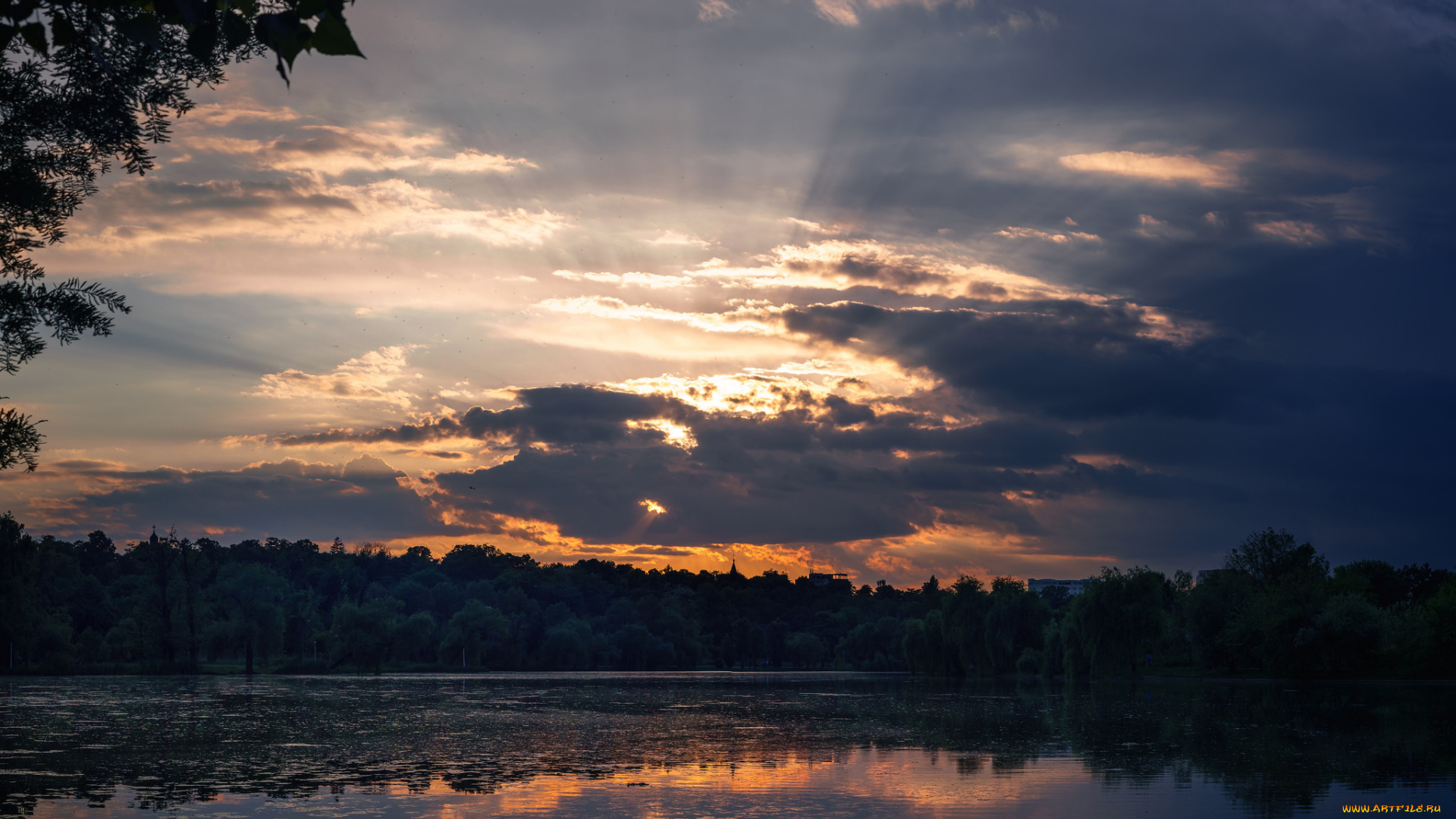 природа, восходы, закаты, закат, озеро, деревья, облака, небо