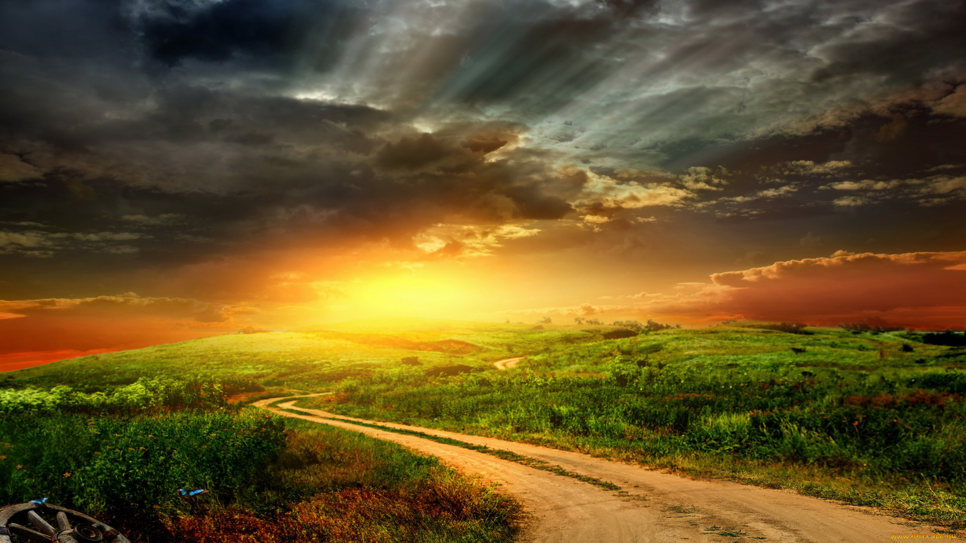 природа, восходы, закаты, закат, sky, landscape, sunset, nature, дорога, поле, небо