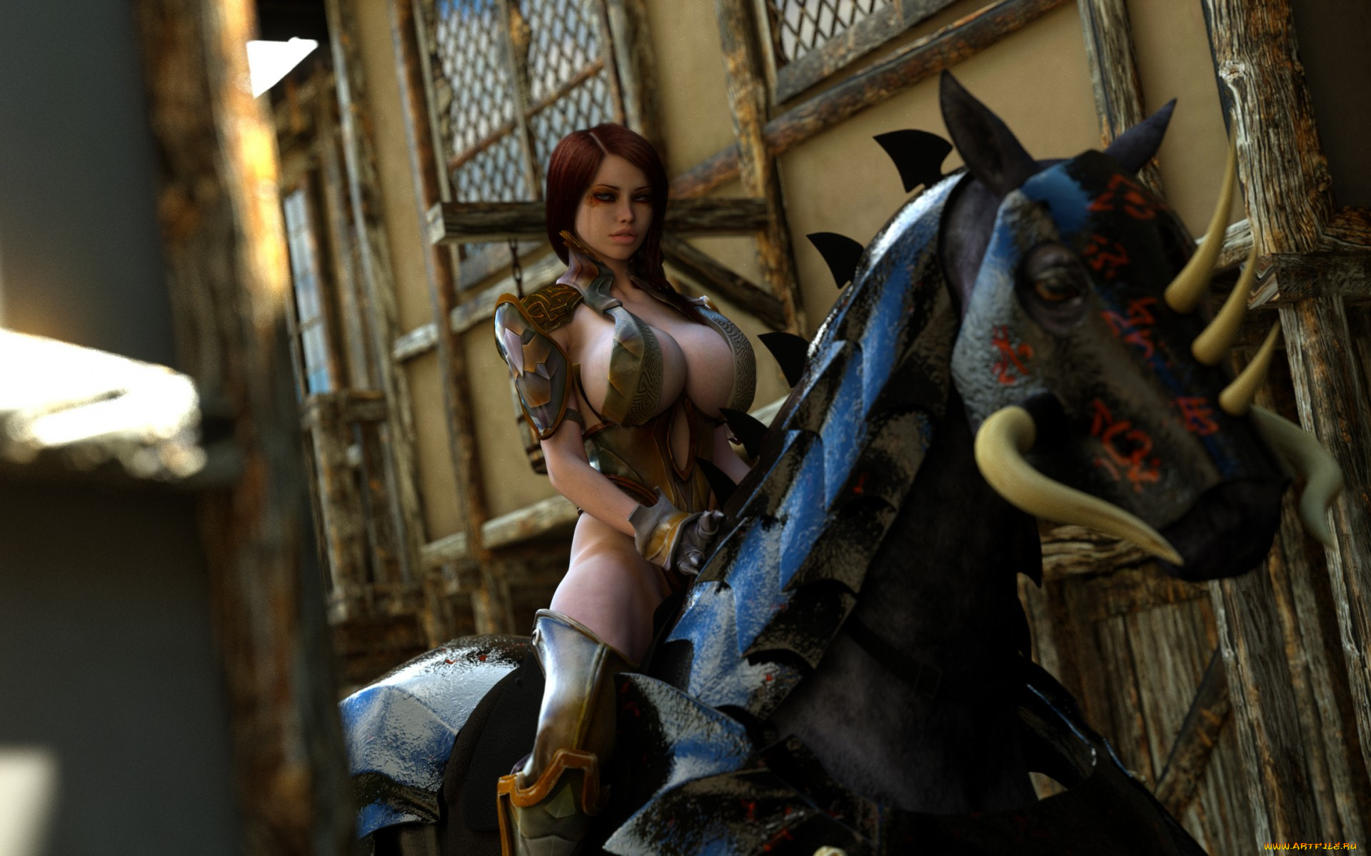 фэнтези, девушки, грудь, воительница, воин, конь, девушка
