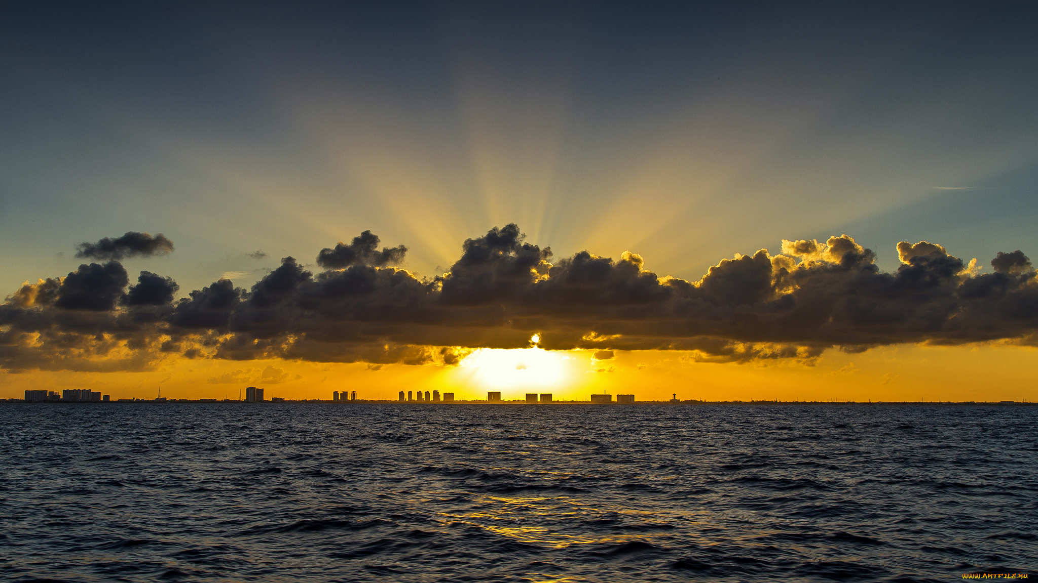 природа, восходы, закаты, закат, море, облака, лучи, небо, вечер