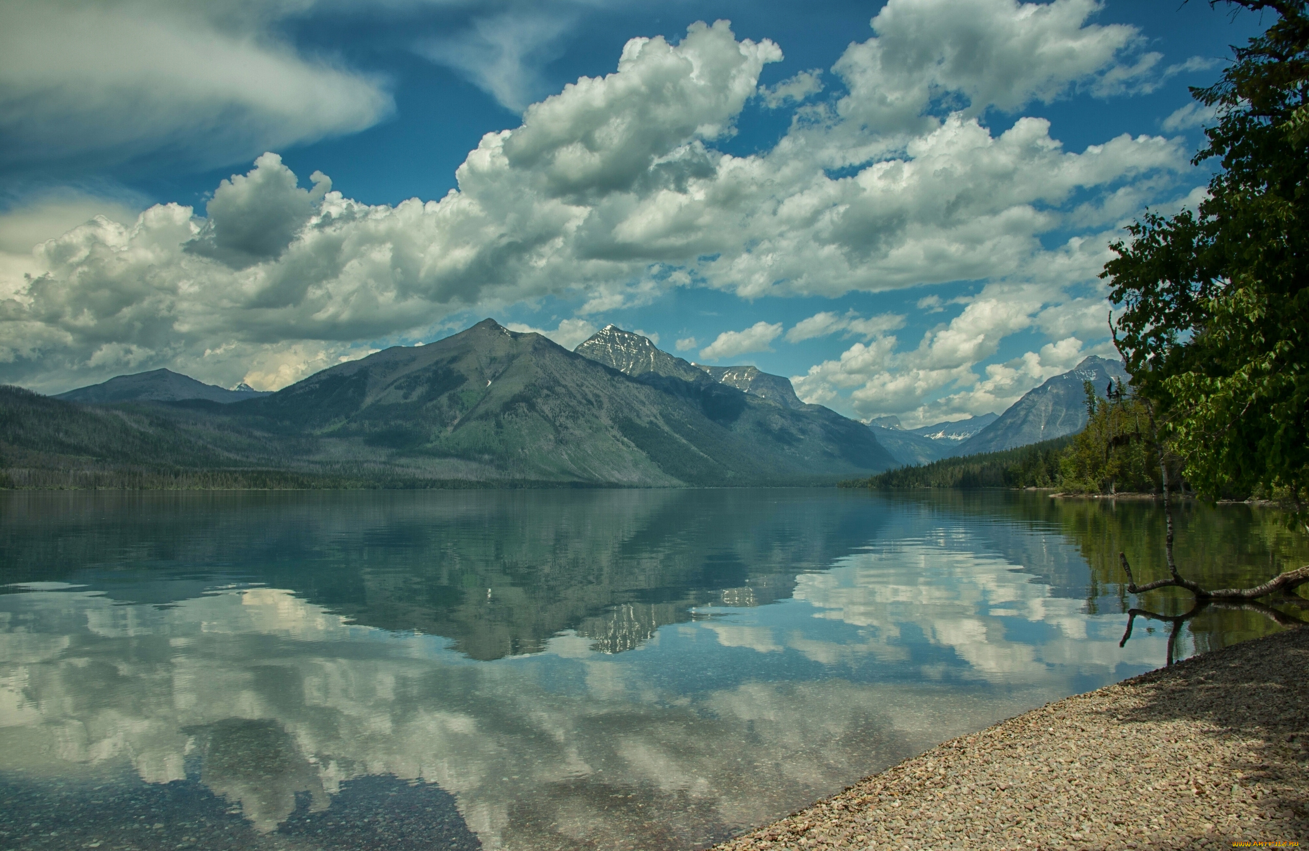 природа, реки, озера, lake, mcdonald, glacier, national, park, montana, rocky, mountains, озеро, макдональд, национальный, парк, глейшер, монтана, скалистые, горы, отражение, облака, берег