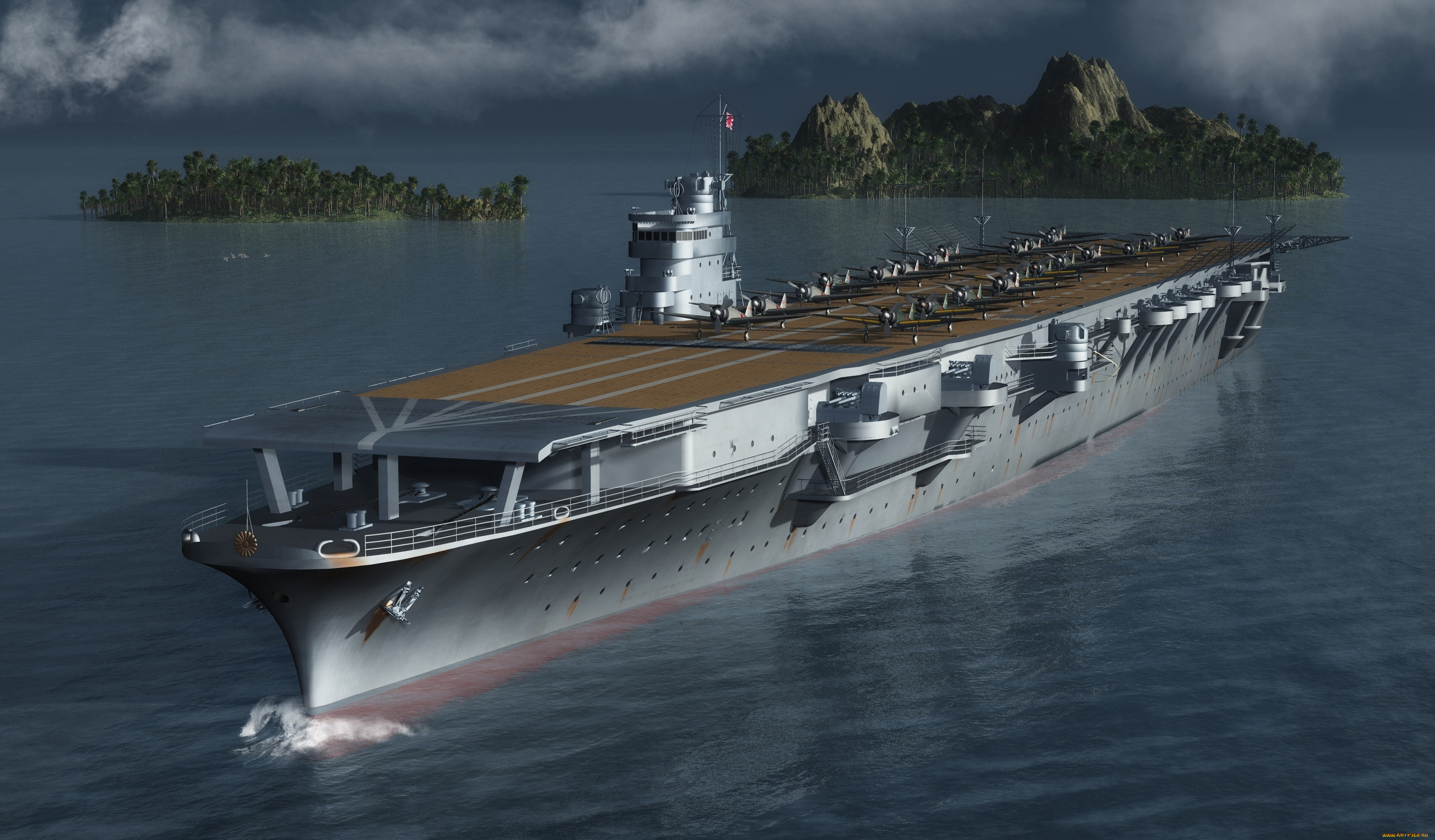 корабли, 3d, остров, море, авианосец, самолеты