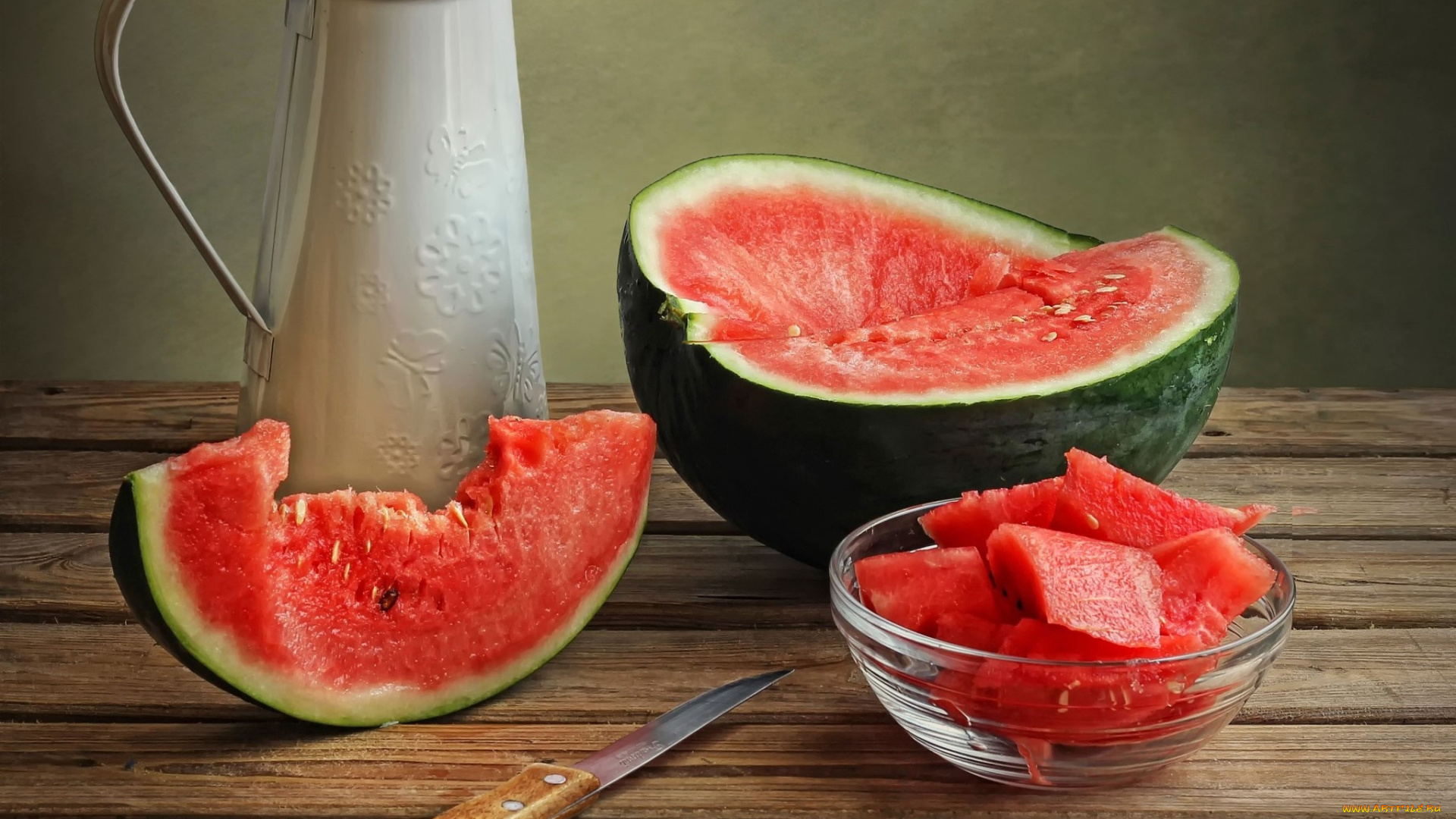еда, арбуз, сочный, нож, кувшин