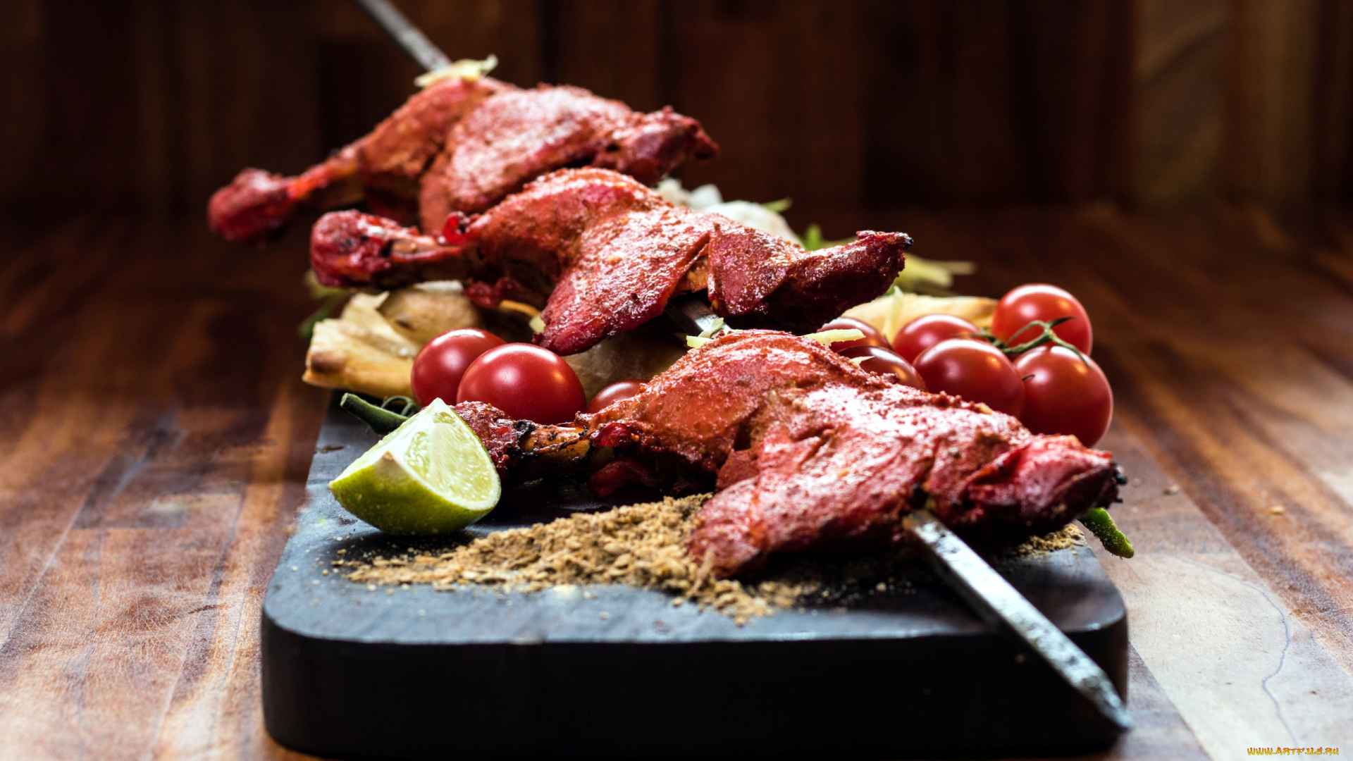 еда, мясные, блюда, ножки, шампуры, помидоры, лимон