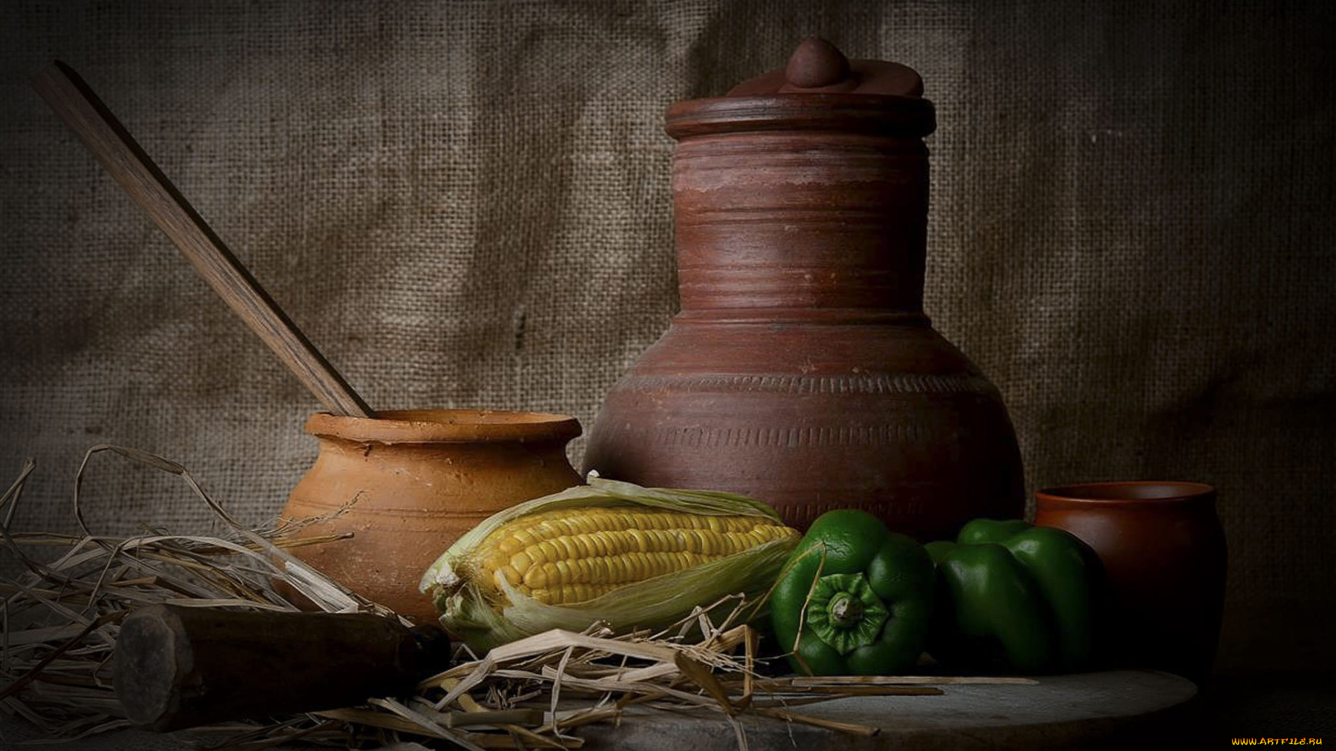 еда, натюрморт, початок, перец, крынка