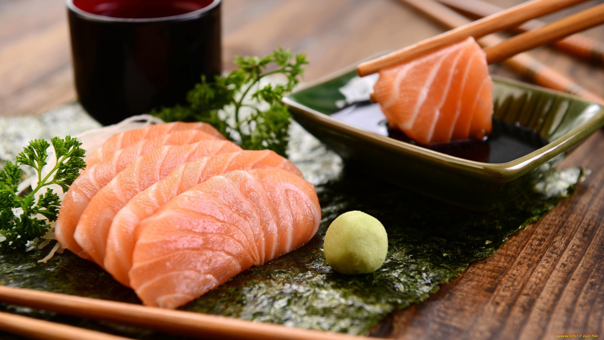 еда, рыбные, блюда, , с, морепродуктами, палочки, соус, соевый, лосось, васаби, петрушка