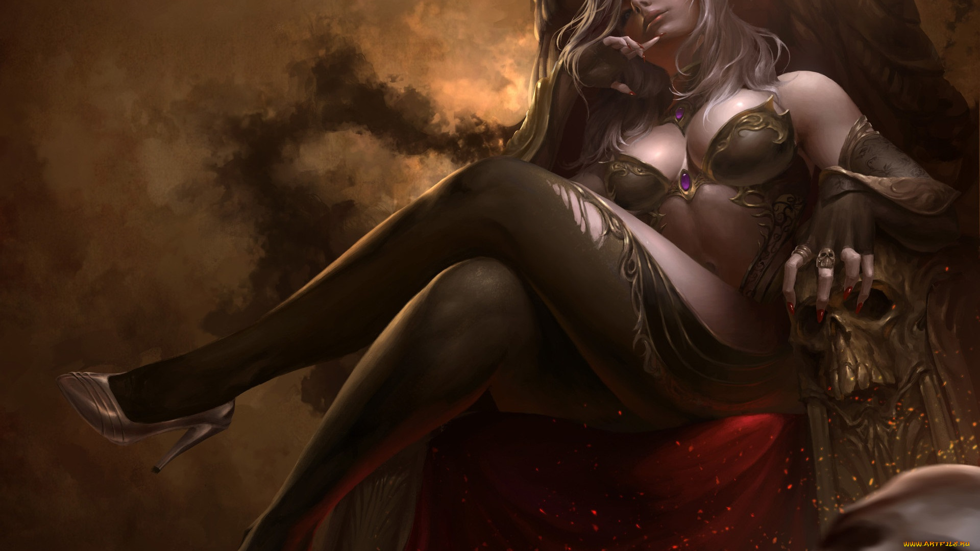 фэнтези, девушки, фэнтази, девушка, эротика, арт, поза, черепа, трон