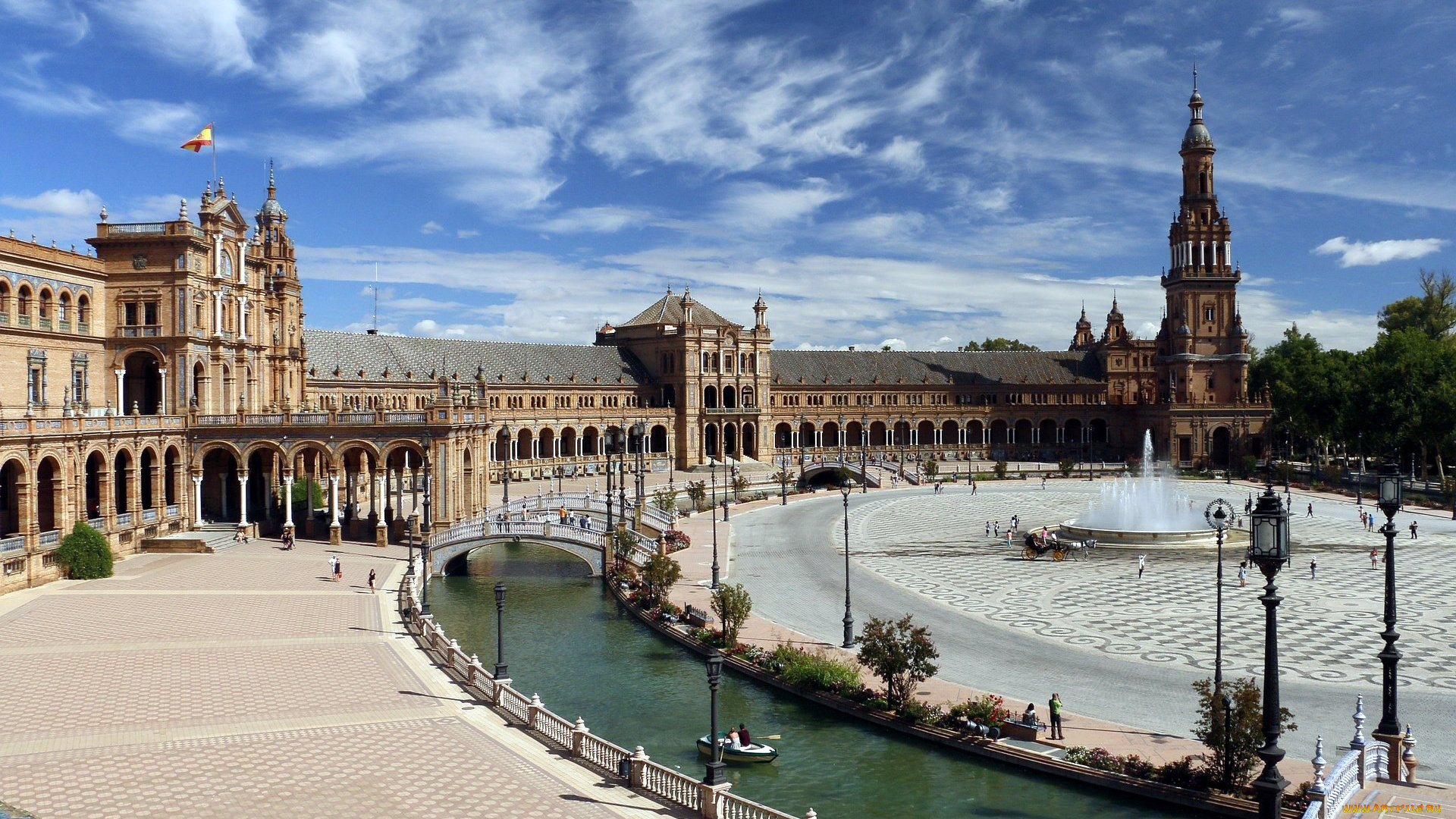 города, севилья, , испания, мостик, фонтан, канал, площадь