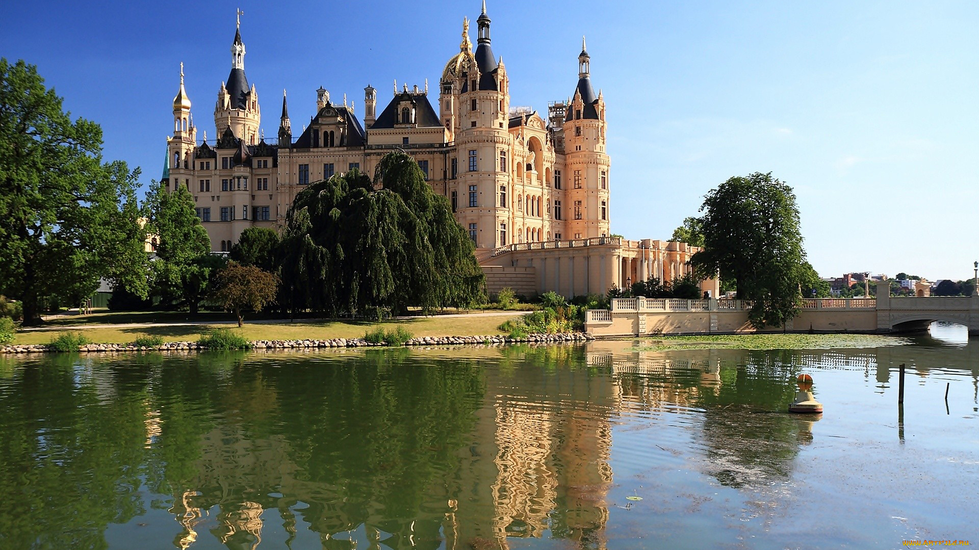 города, замок, шверин, , германия, река, замок, деревья, отражение