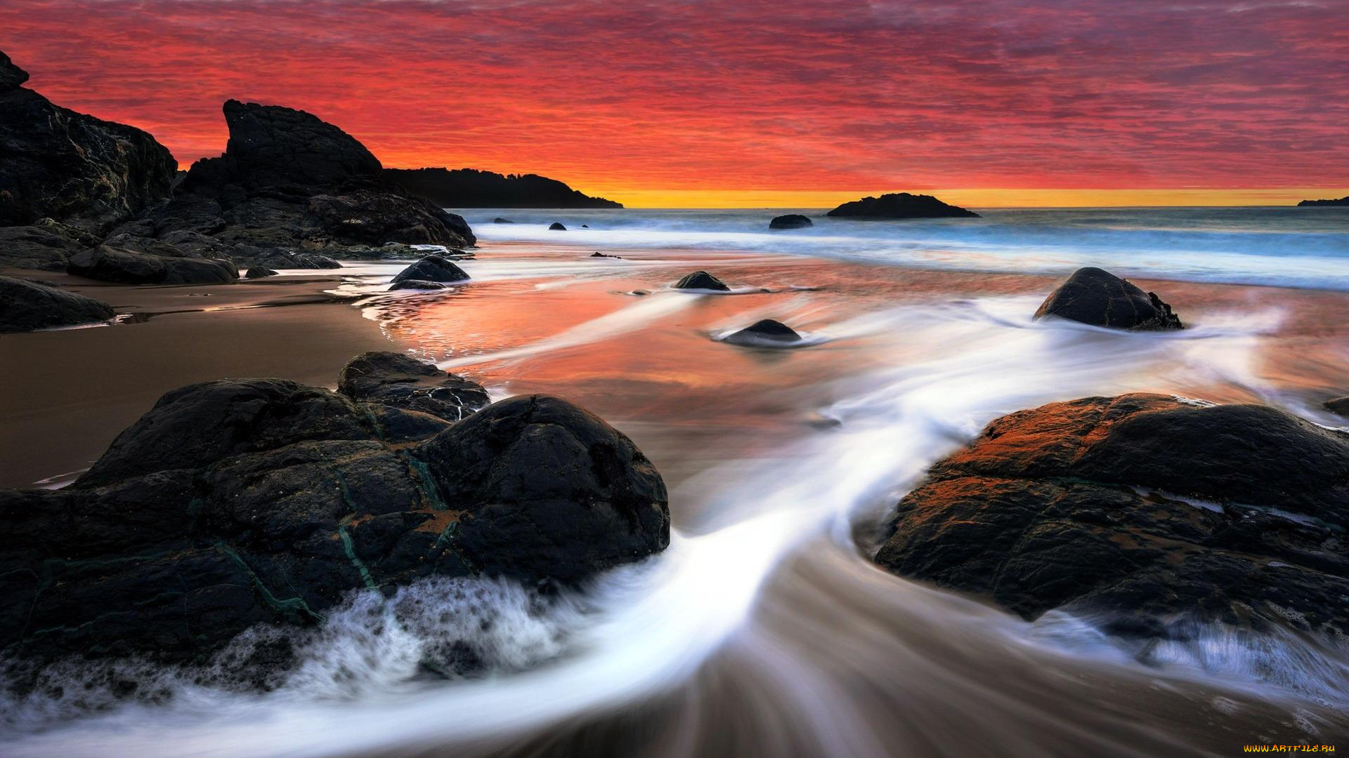 природа, побережье, берег, камни, закат, море, небо, скалы