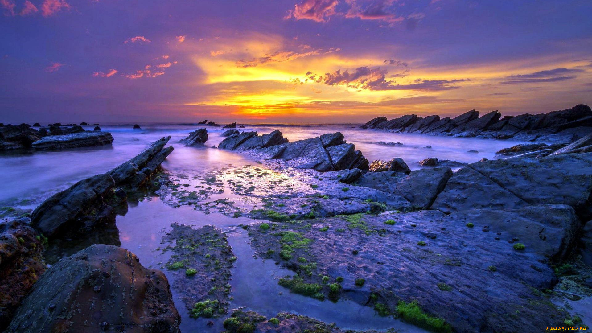 природа, побережье, облака, небо, море, рифы, закат, камни, берег