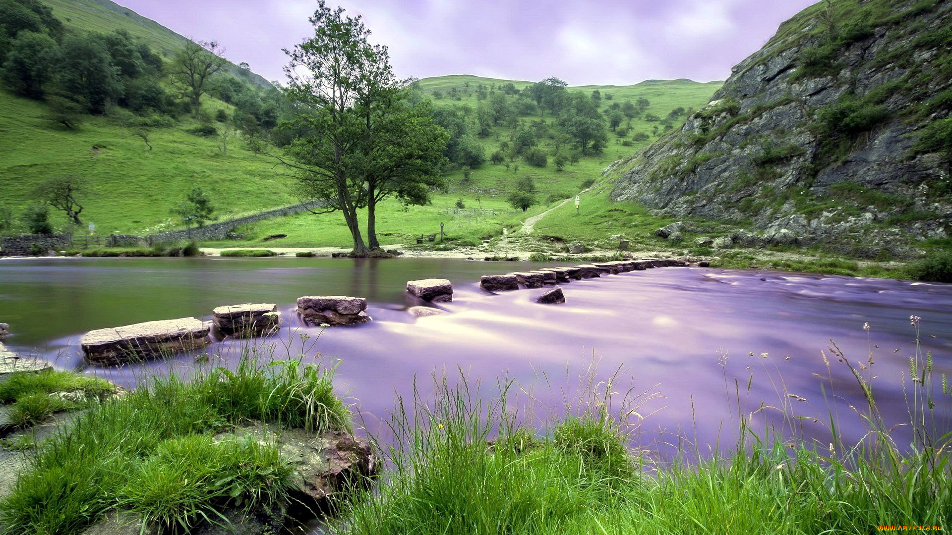 природа, реки, озера, камни, вода, трава, холмы