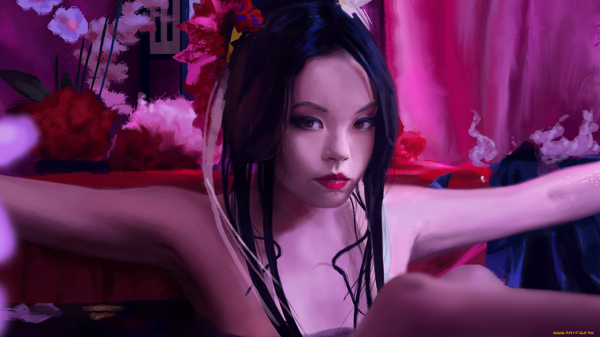 рисованное, люди, девушка, oiran, thomas, bignon, цветы, взгляд, азиатка