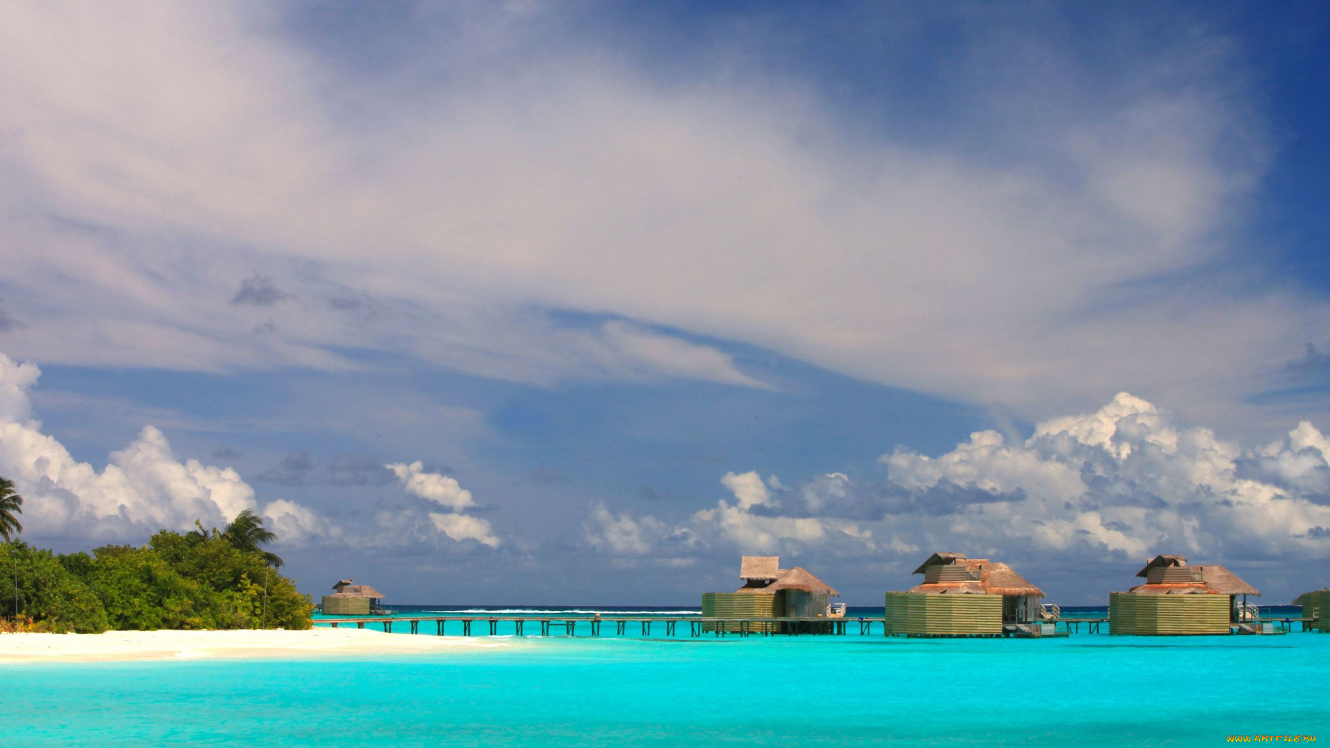 природа, тропики, облака, острова, домики, небо, море