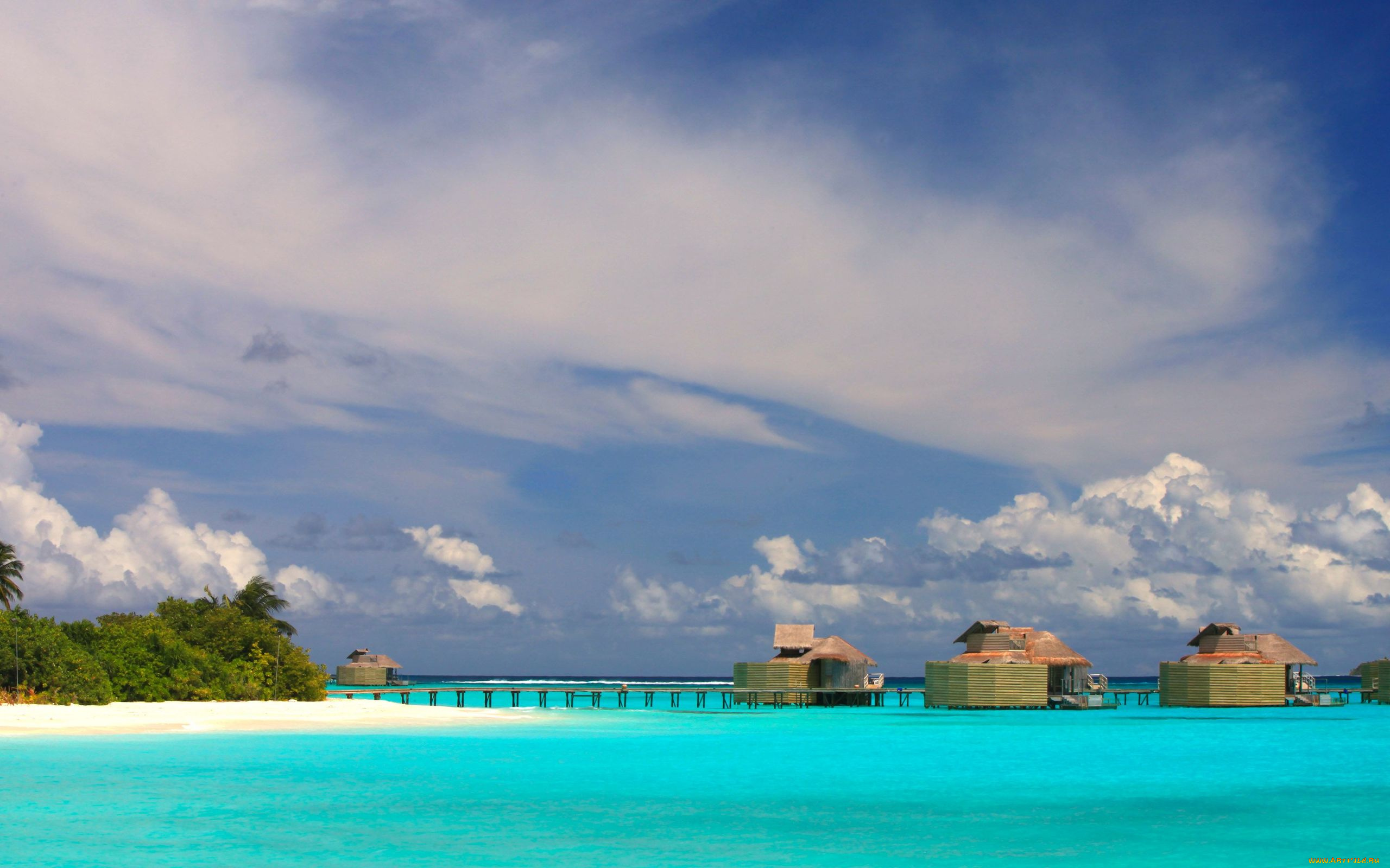 природа, тропики, облака, острова, домики, небо, море
