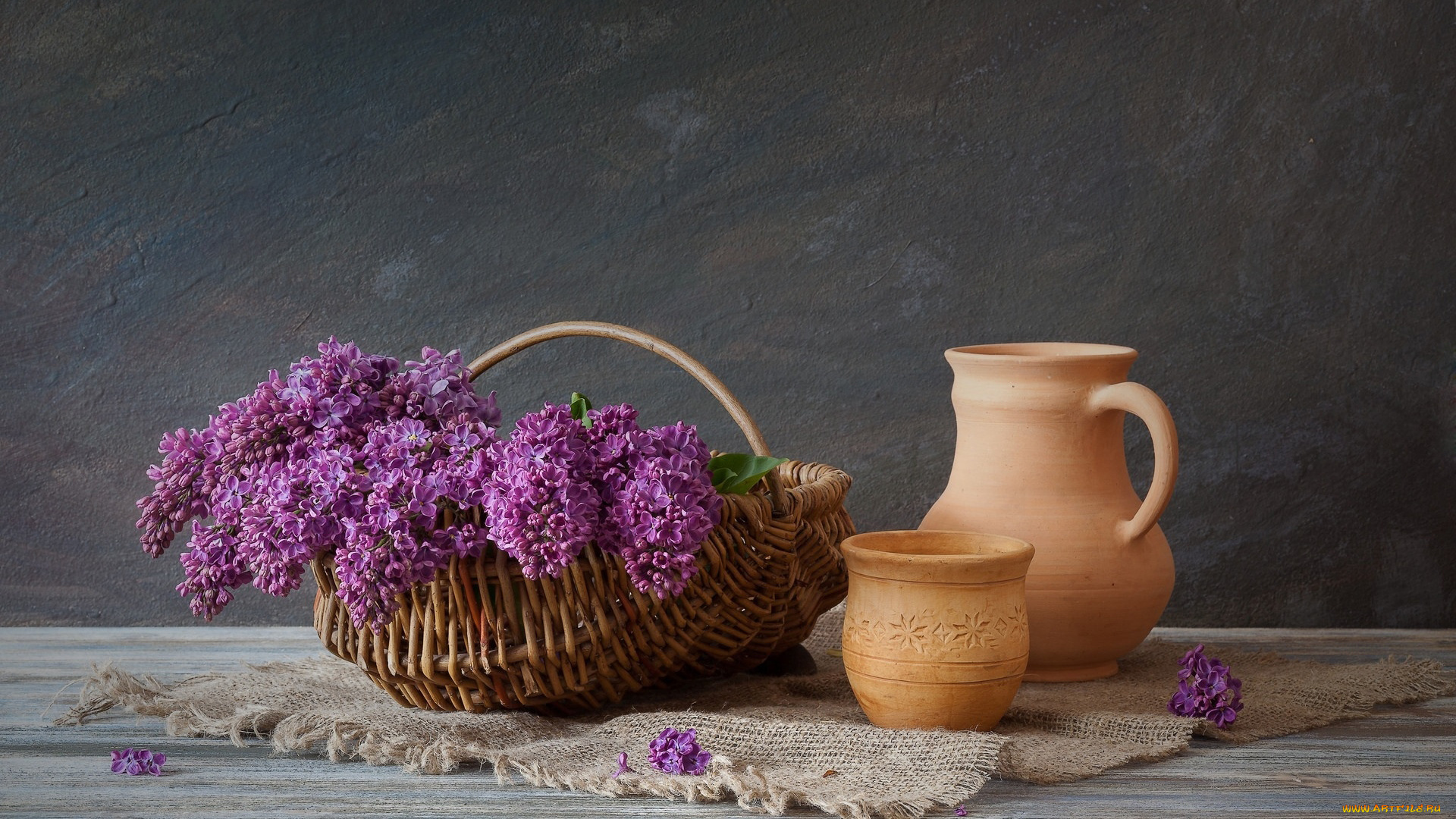 цветы, сирень, корзинка, кувшин