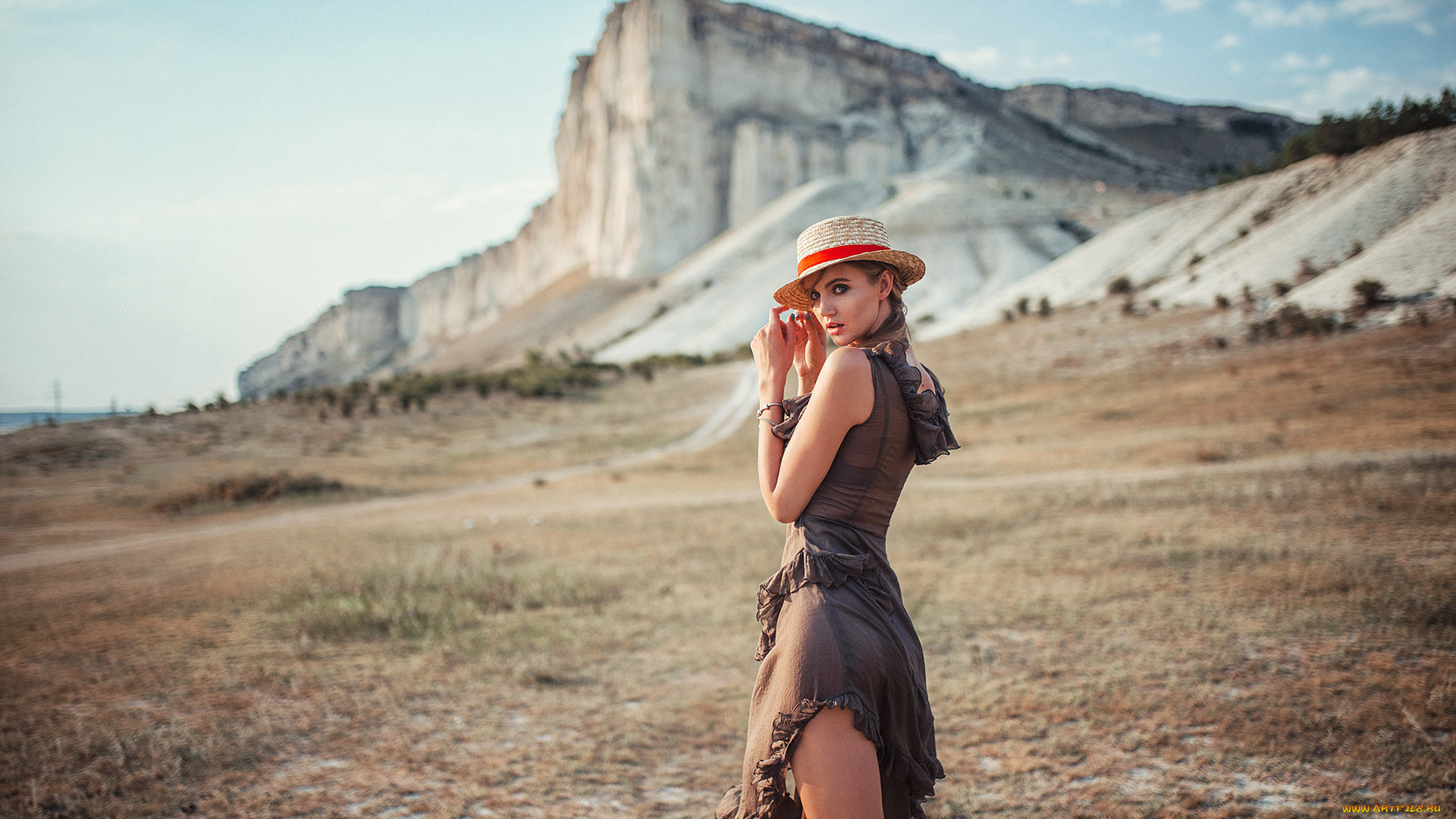 девушки, -unsort, , блондинки, , светловолосые, платье, evgeny, freyer, шляпа, прозрачная, одежда, горы, глубина, резкости, блондинка, женщины, на, открытом, воздухе, nastya