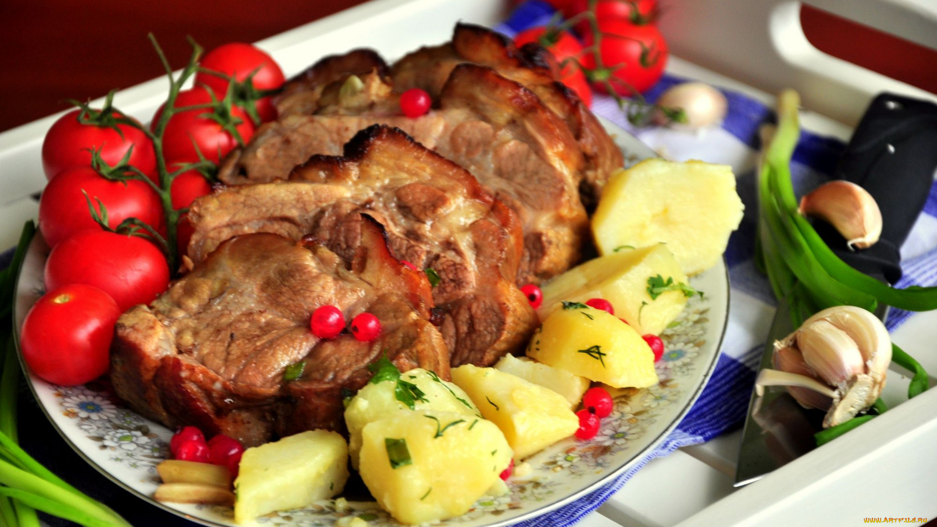 еда, мясные, блюда, помидоры, картошка, мясо, лук, чеснок, томаты