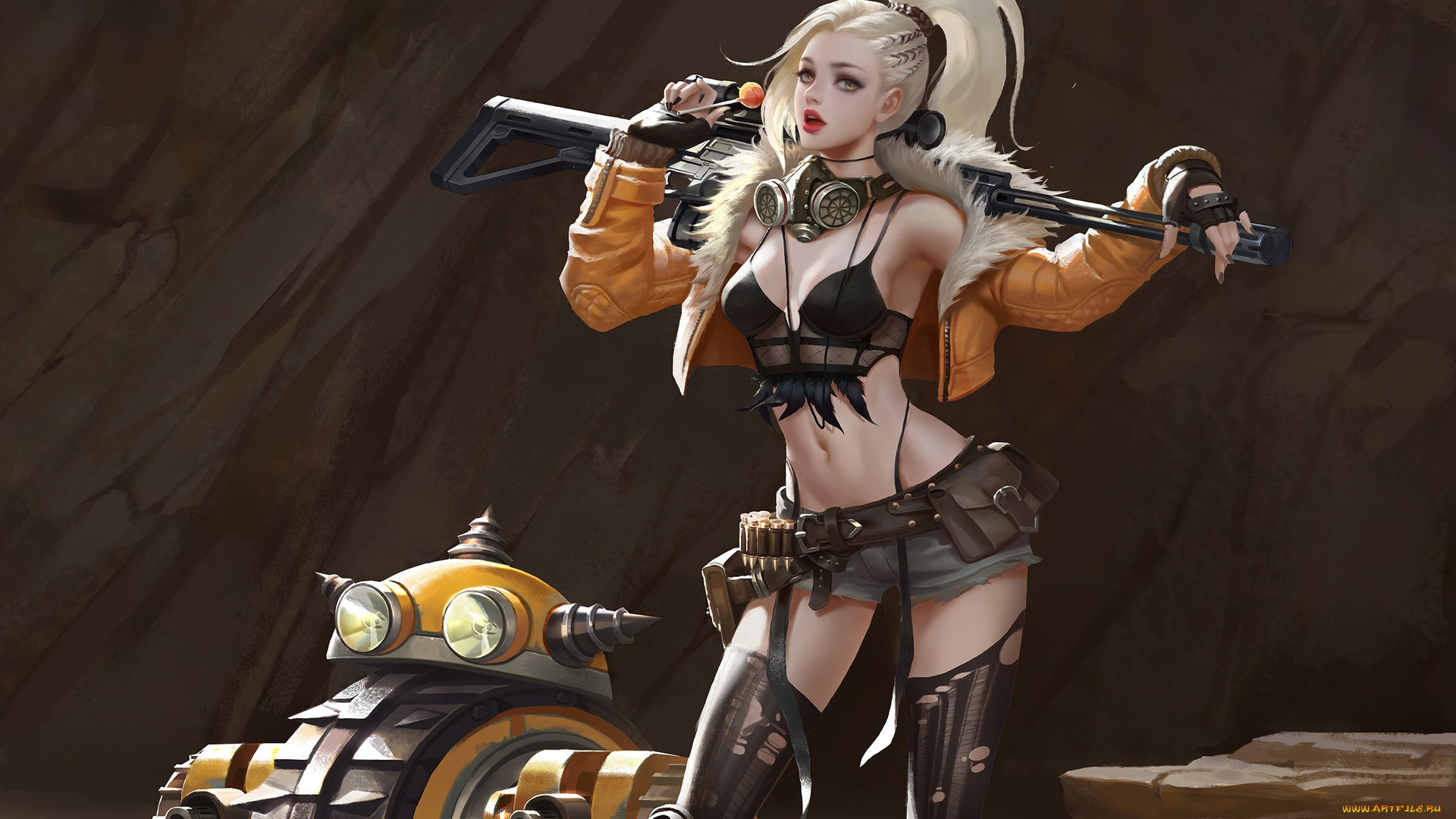 фэнтези, девушки, арт, блондинка, хвост, девушка, sci-fi, поза, взгляд, оружие