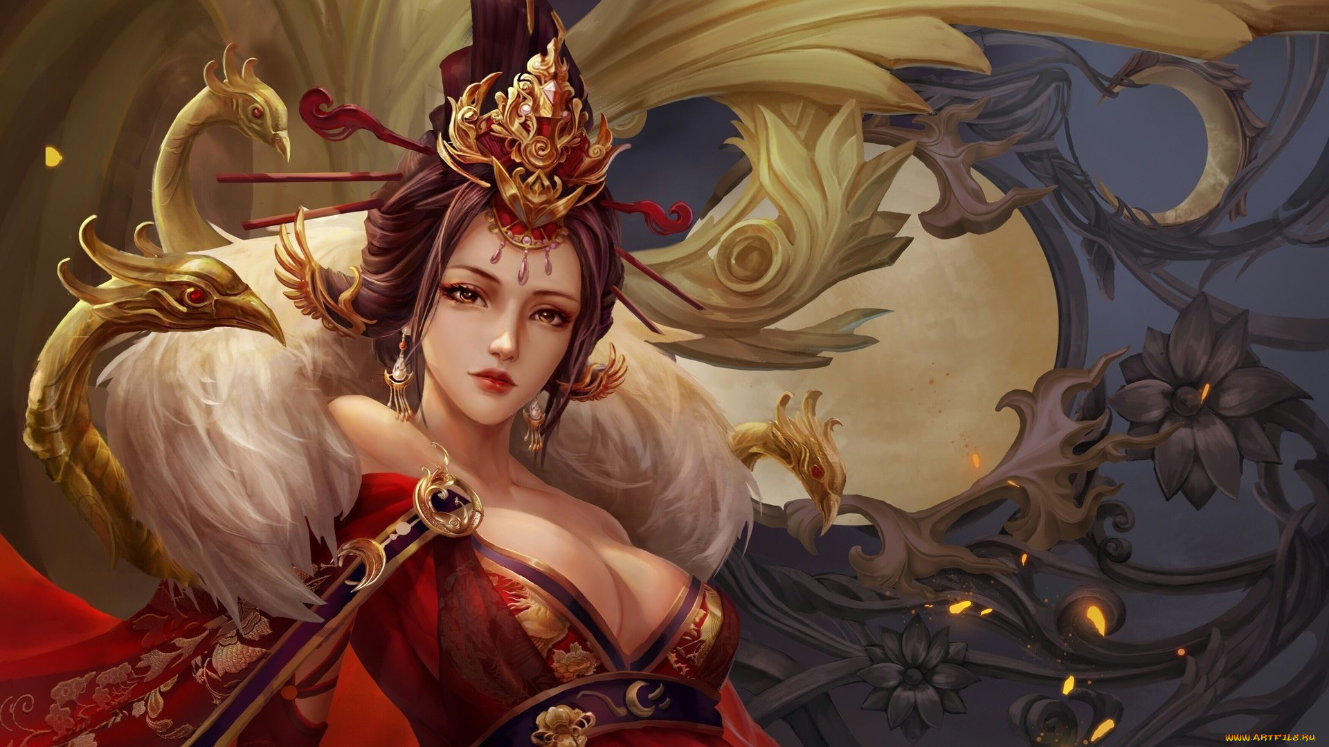 фэнтези, девушки, цветы, взгляд, узоры, прическа, девушка, арт, гейша, кимоно