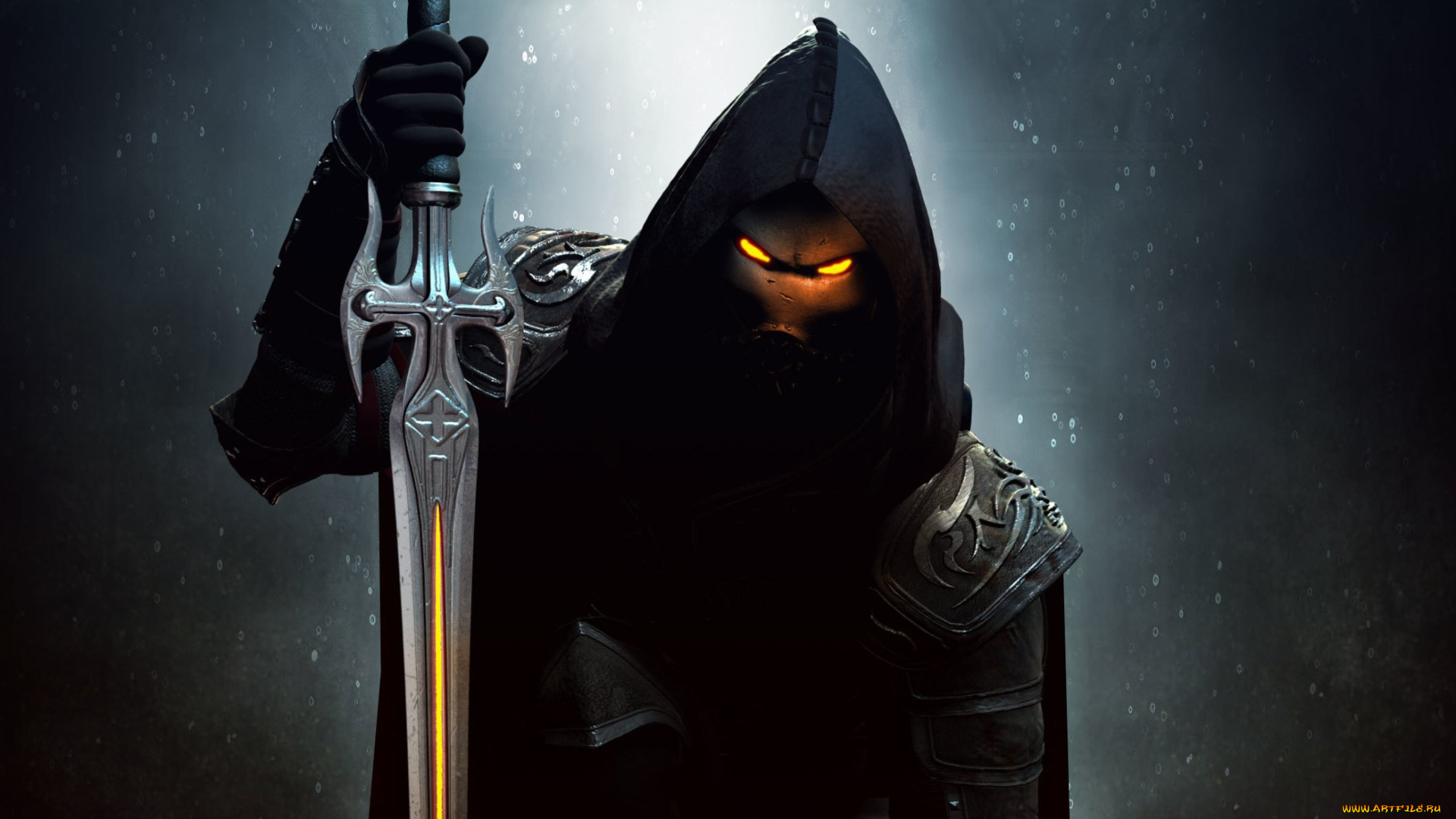 фэнтези, нежить, капюшон, фон, арт, маска, взгляд, меч