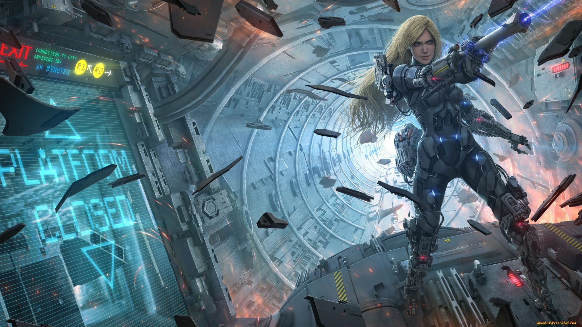 фэнтези, роботы, , киборги, , механизмы, арт, фантастика, осколки, девушка, корабль, оружие, sci-fi