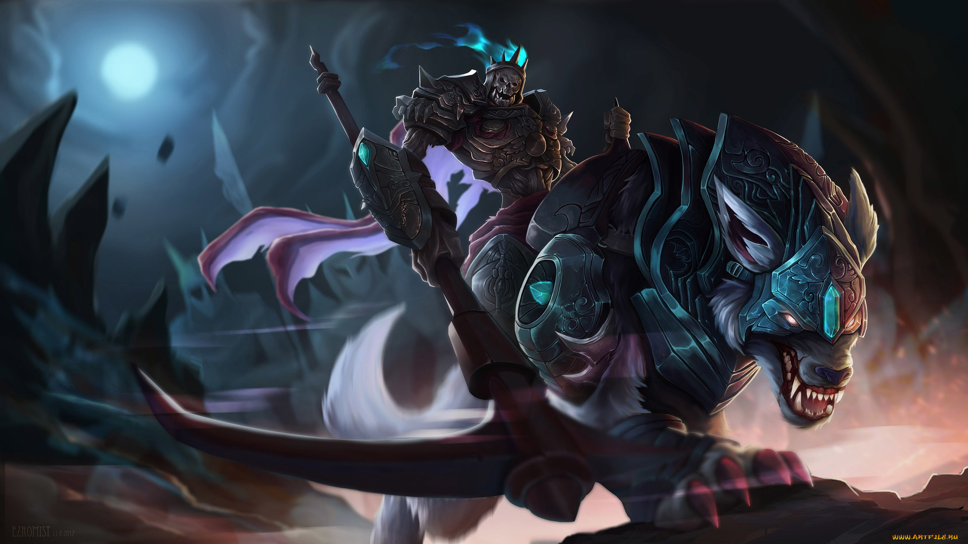 фэнтези, существа, скелет, броня, доспехи, оскал, арт, оружие, животное