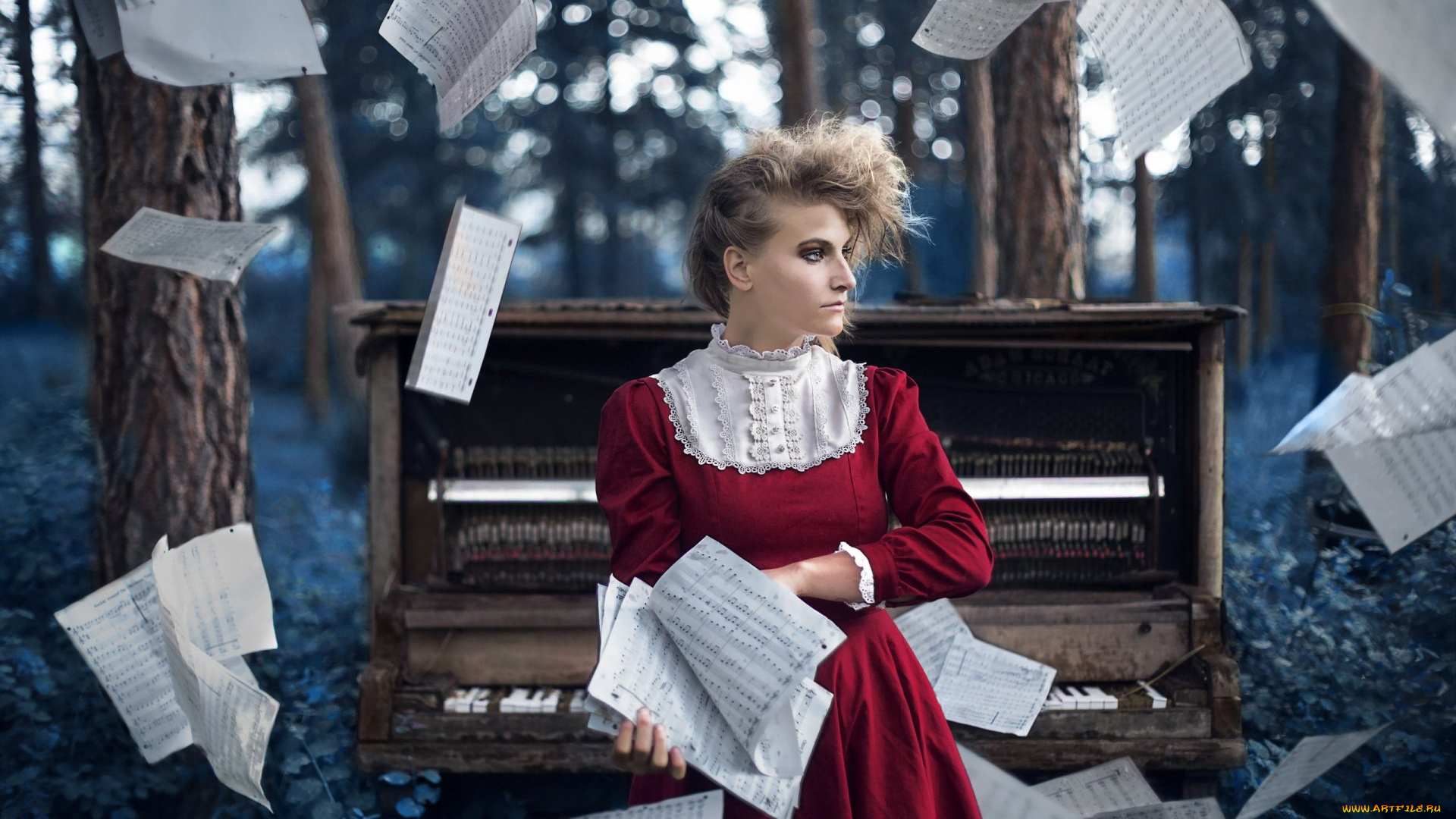 музыка, -другое, ноты, пианино, природа, деревья, взгляд, девушка