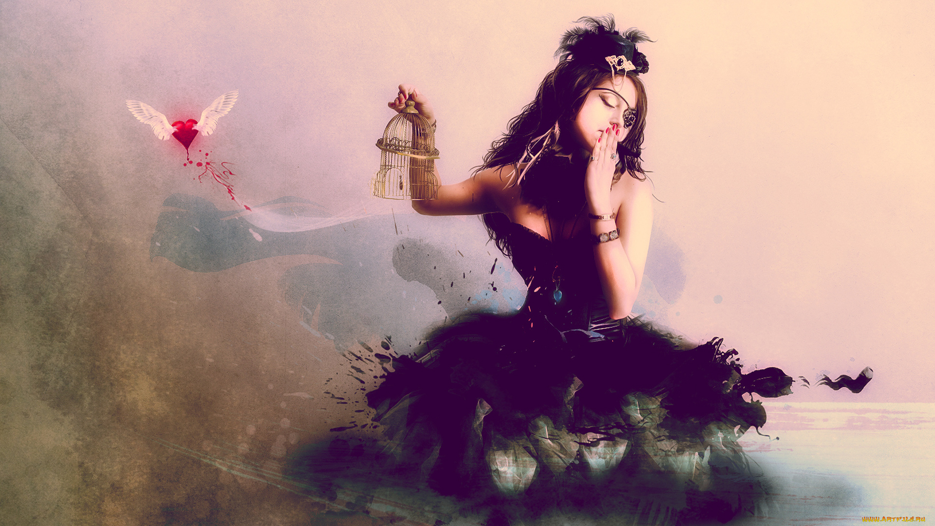 разное, компьютерный, дизайн, крылья, сердце, фон, девушка, клетка