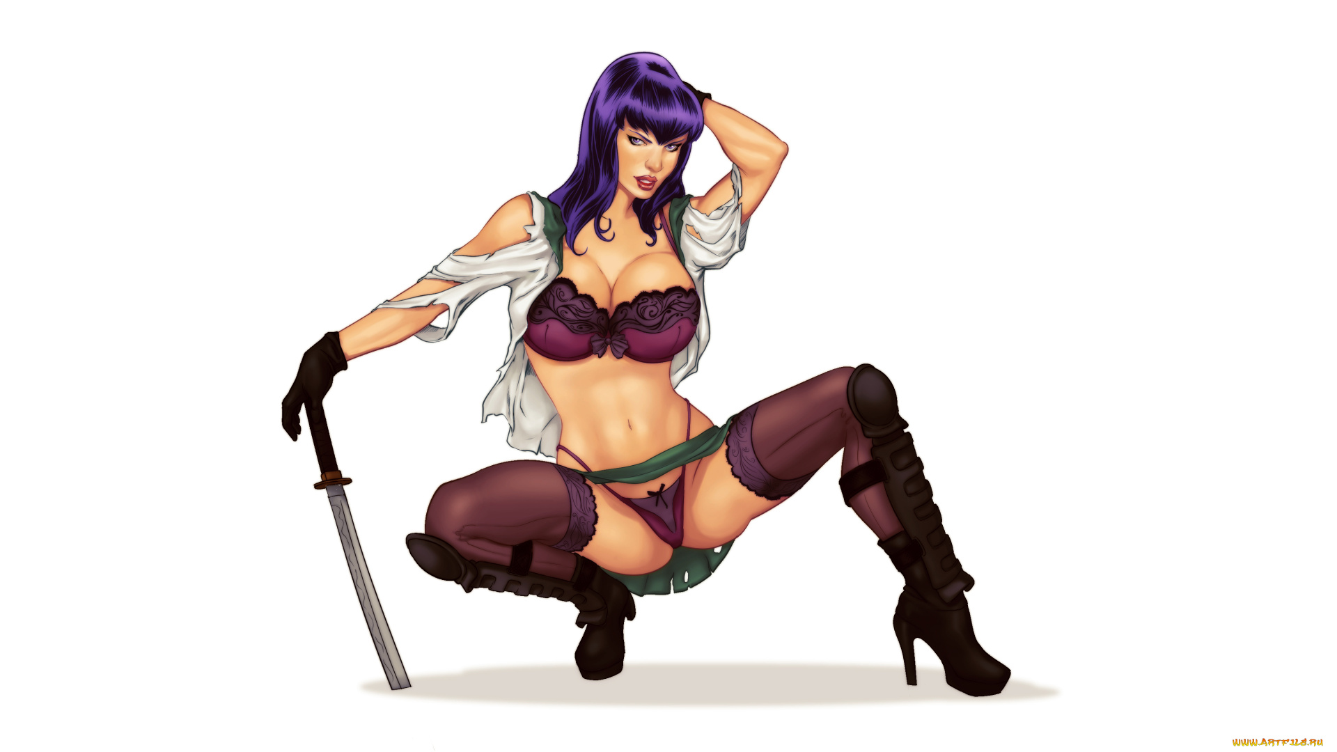 рисованное, комиксы, меч, взгляд, чулки, девушка, фон