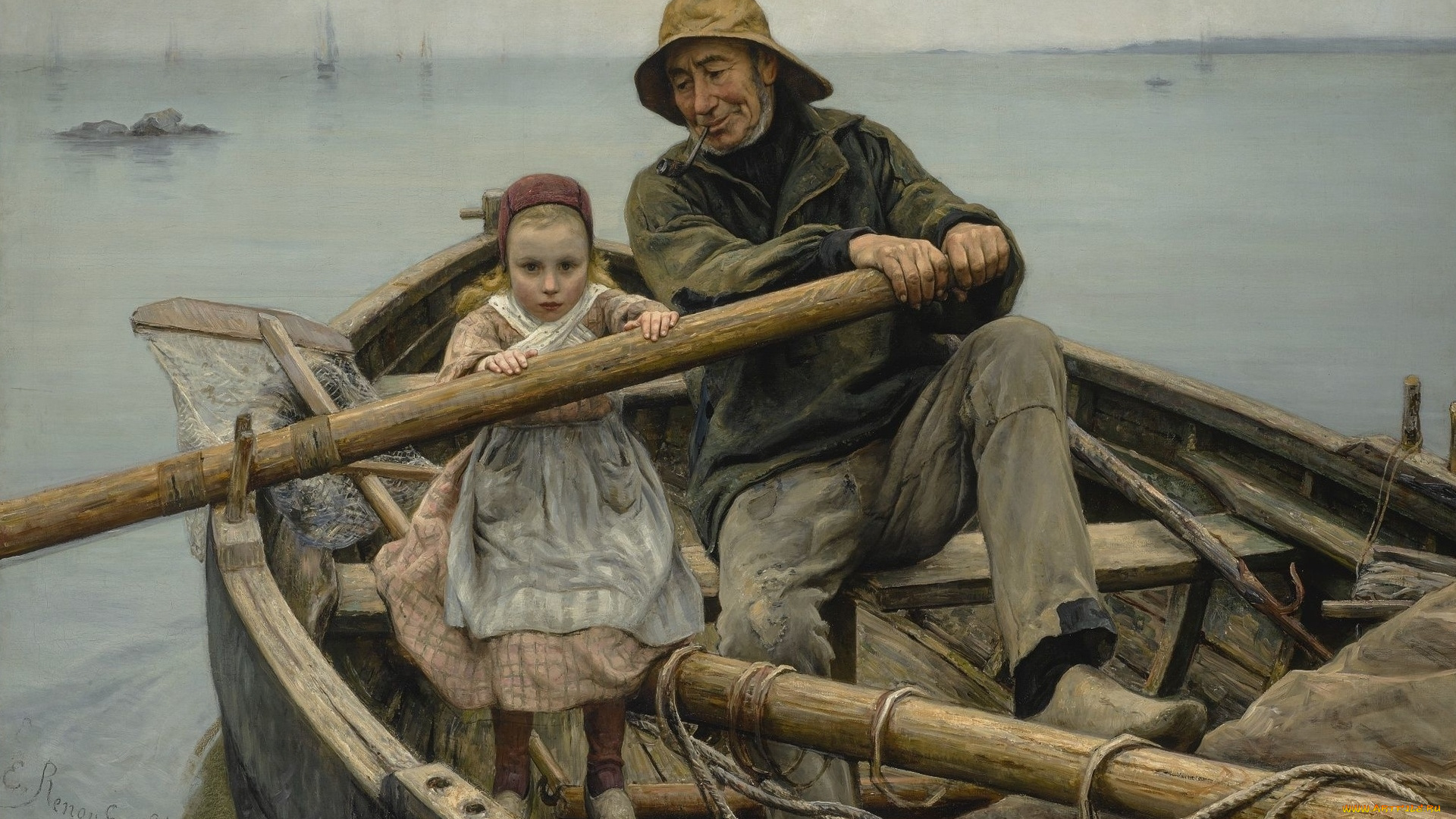 рисованное, живопись, девушка, взгляд, фон, лодка