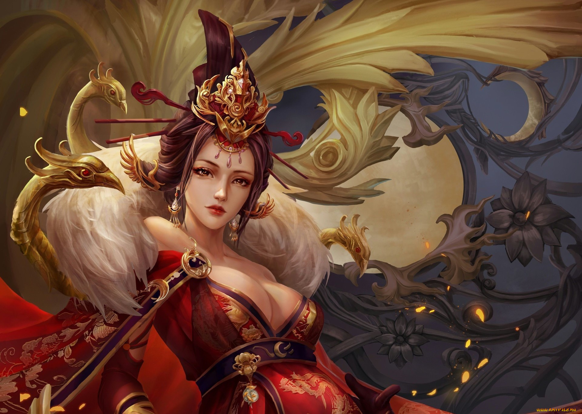 фэнтези, девушки, цветы, взгляд, узоры, прическа, девушка, арт, гейша, кимоно