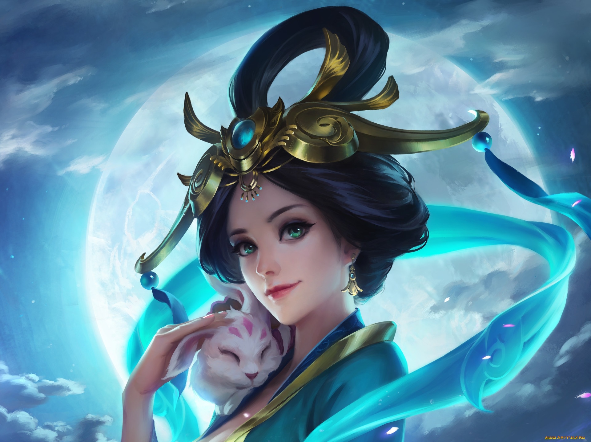 фэнтези, девушки, девушка, арт, улыбка, прическа, кимоно, настроение, зверек, гейша