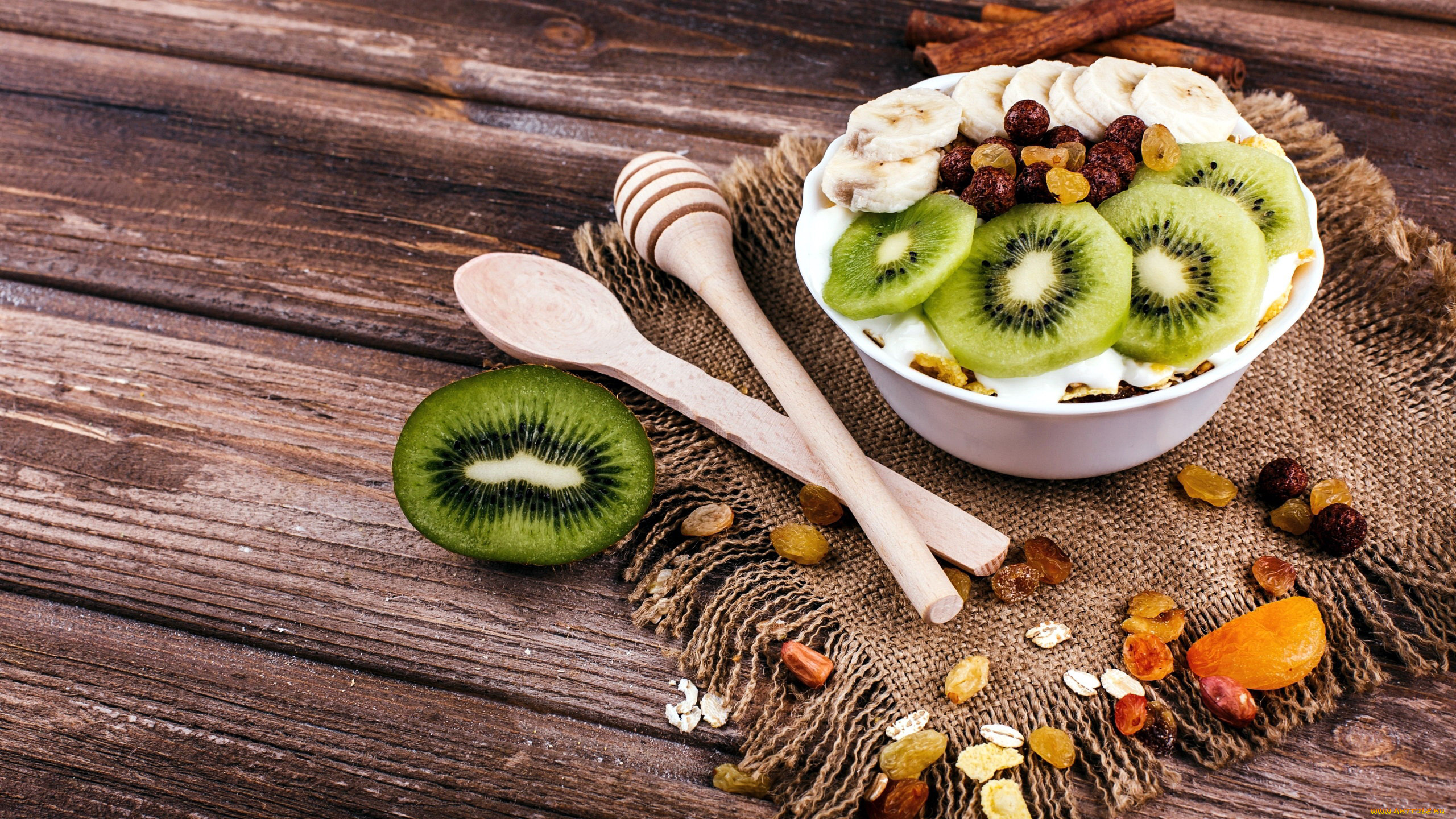 еда, мюсли, , хлопья, банан, киви, изюм