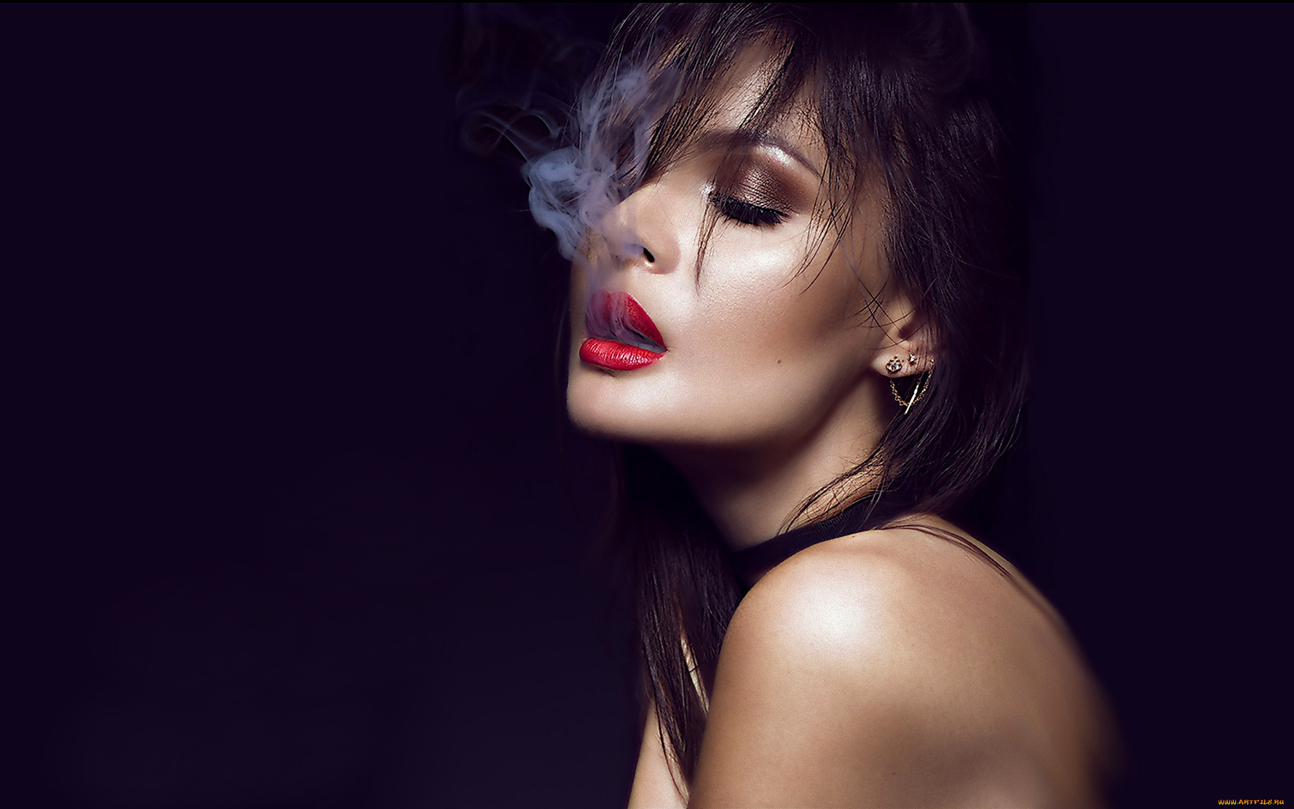 девушки, -unsort, , лица, , портреты, темный, фон, дым, губы