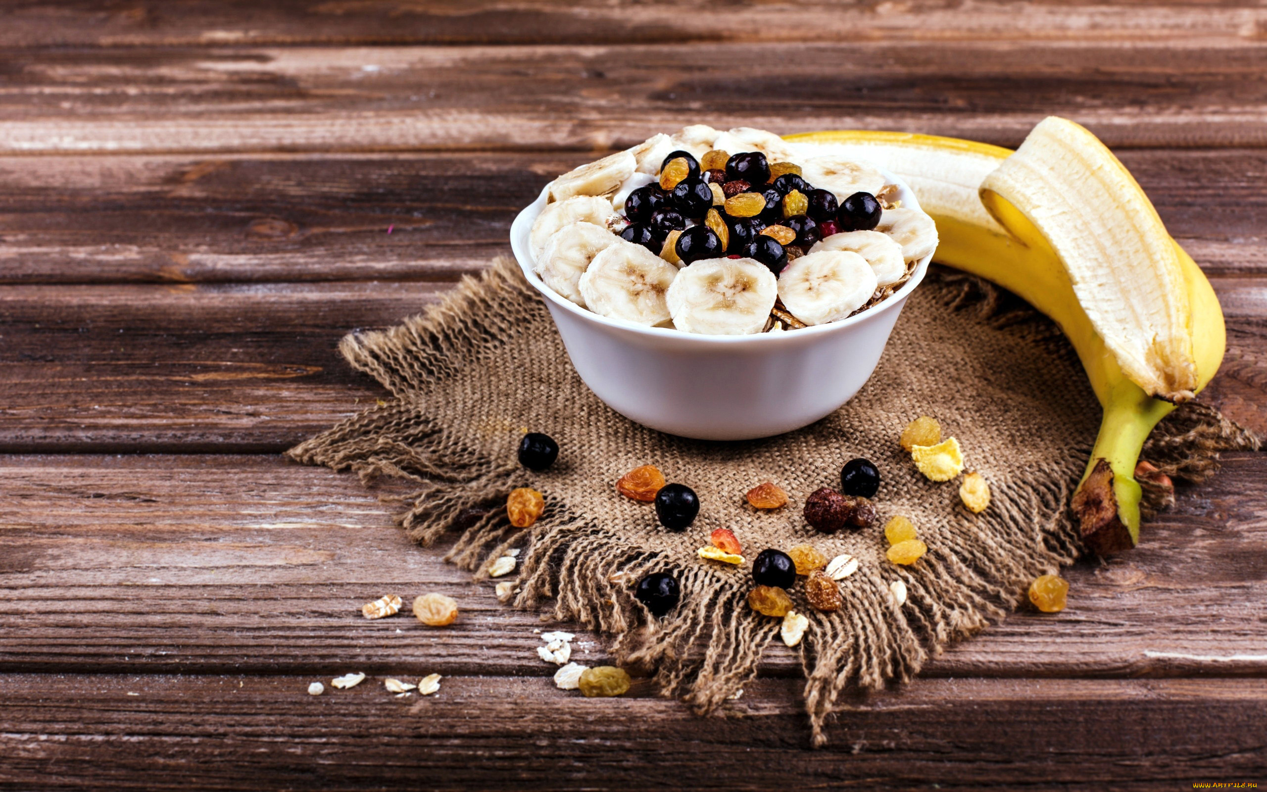 еда, мюсли, , хлопья, изюм, банан