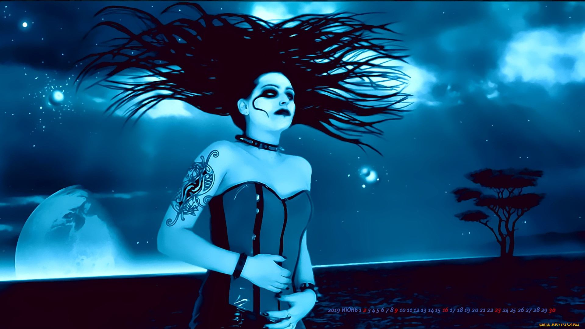 календари, фэнтези, 2019, calendar, женщина, узор, рисунок, тату, планета, дерево, девушка