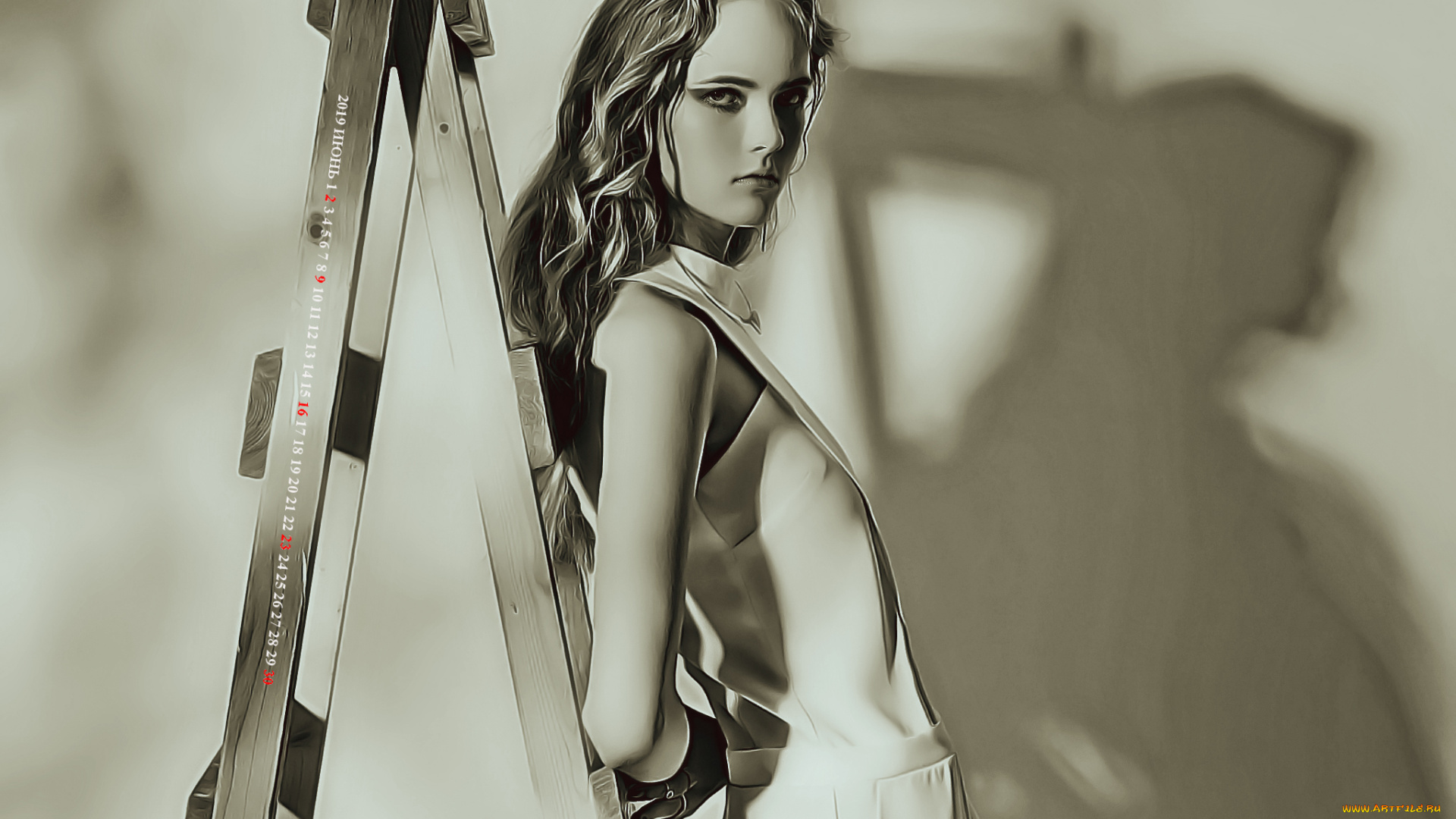 календари, компьютерный, дизайн, 2019, calendar, женщина, взгляд, девушка, стремянка