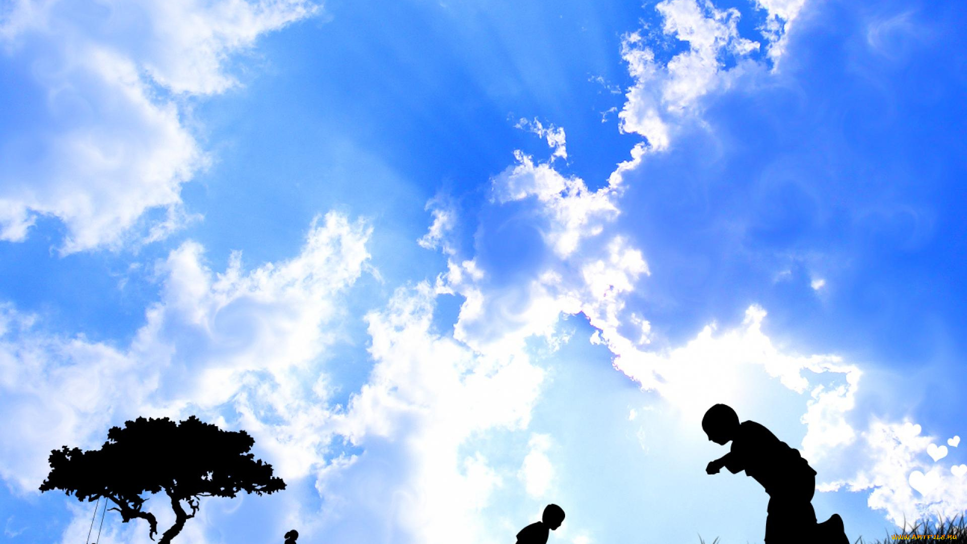 векторная, графика, дети, , children, силуэты, дерево, облака, небо, дети